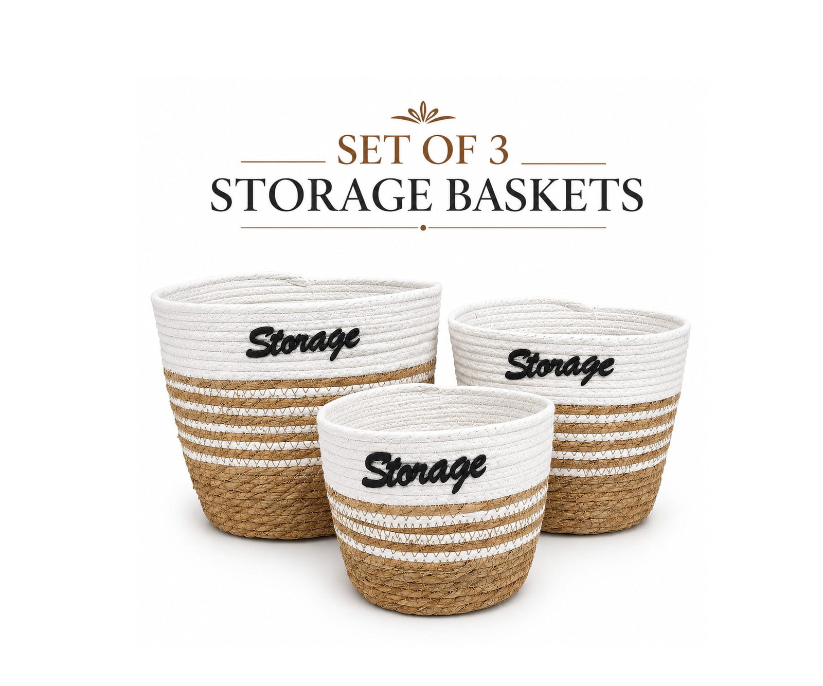 ROUND SEAGRASS STORAGE BASKETS SET OF 3 - WHITE