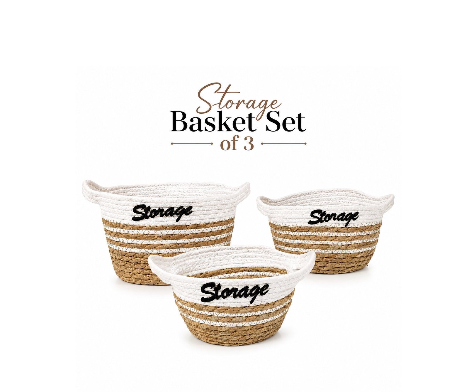 SET OF 3 WOVEN STORAGE BASKETS WITH HANDLES