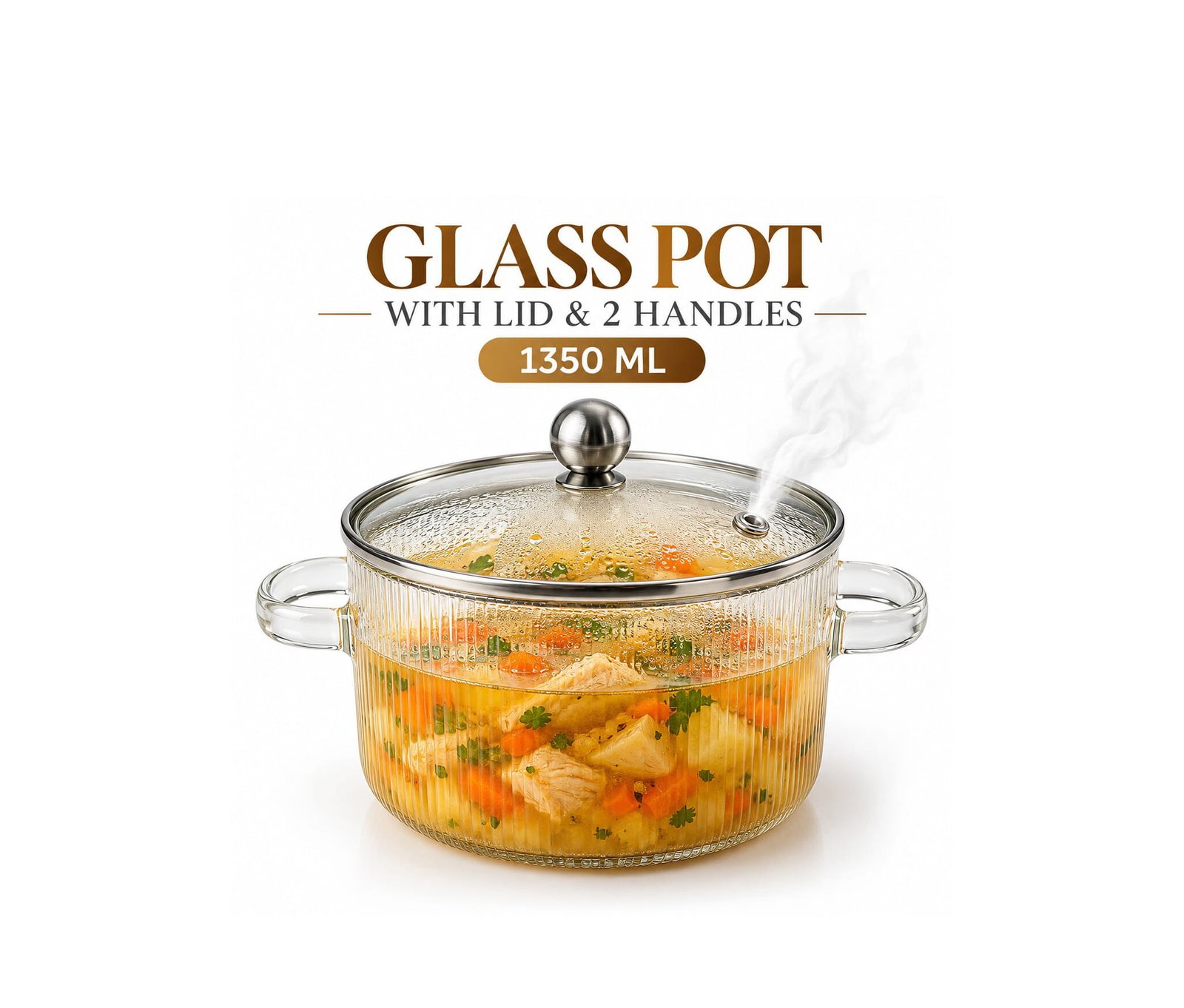 GLASS COOKING POT WITH LID 1350 ML 2 HANDLES