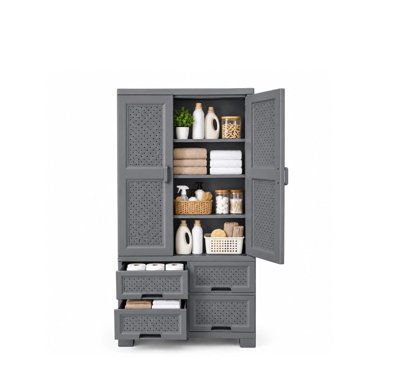 GREY STORAGE CABINET WITH 4 DRAWERS & SHELVES