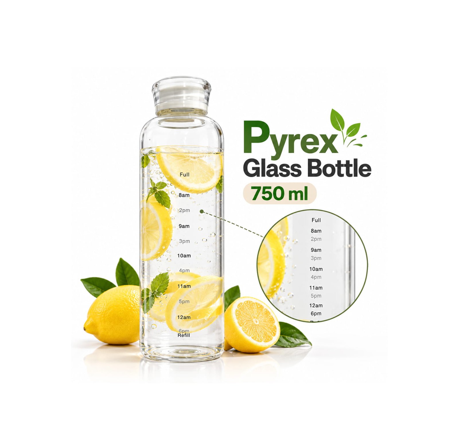 PYREX GLASS WATER BOTTLE WITH TIME MARKINGS 750ML