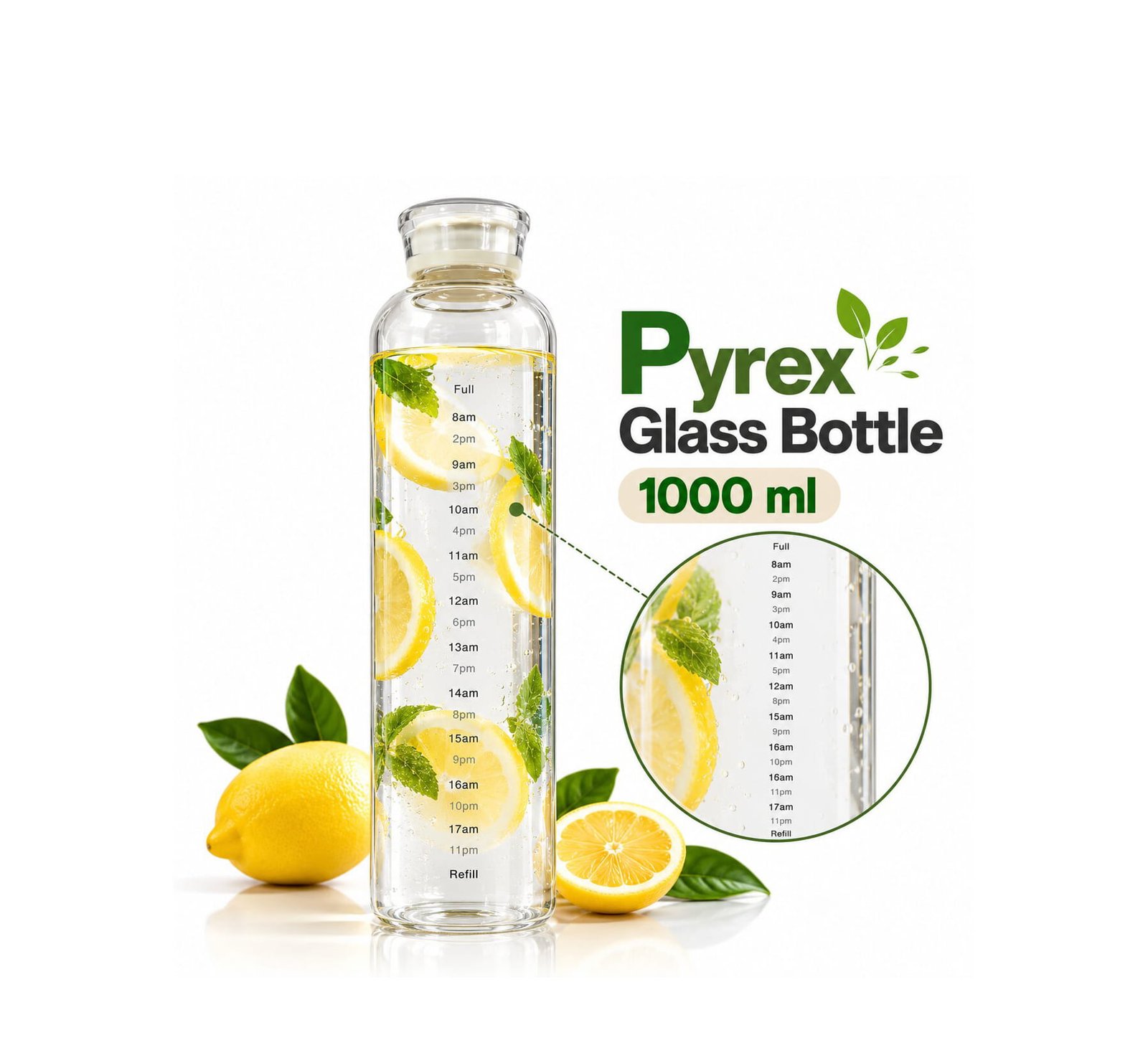 PYREX GLASS WATER BOTTLE WITH TIME MARKINGS 1000ML