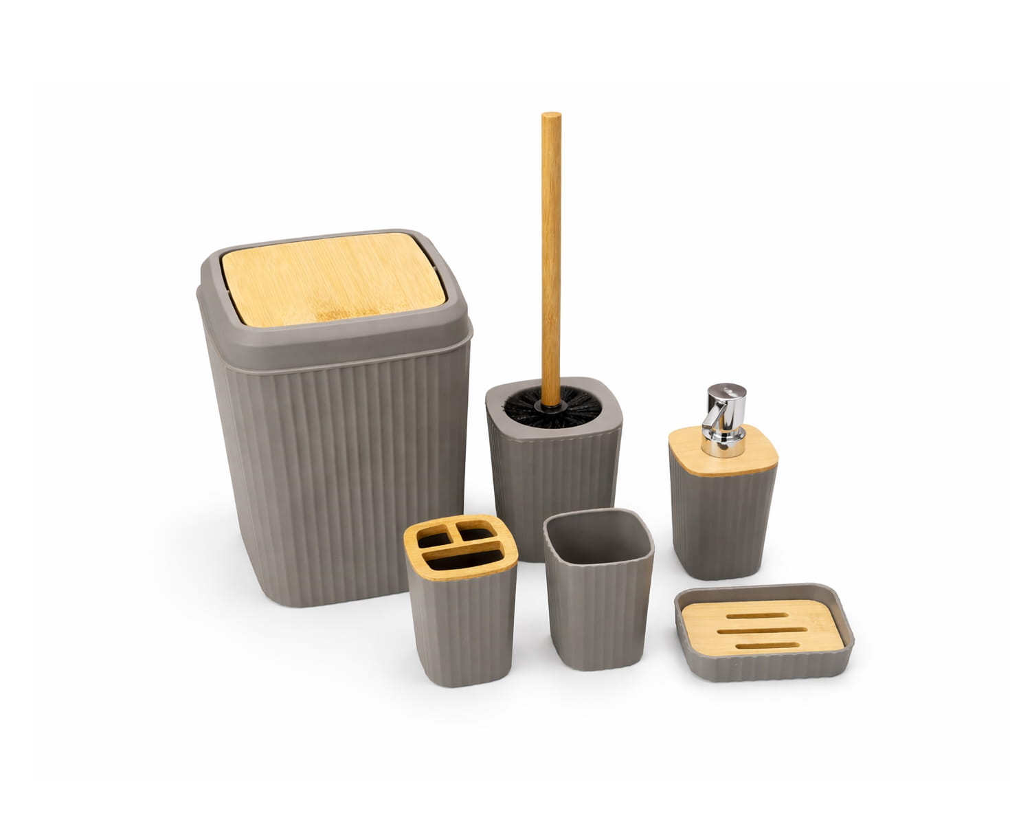 SET 6 PIECE BATHROOM ACCESSORIES – BAMBOO STYLE BATH ENSEMBLE WITH SOAP DISPENSER, TOOTHBRUSH HOLDER & TRASH BIN