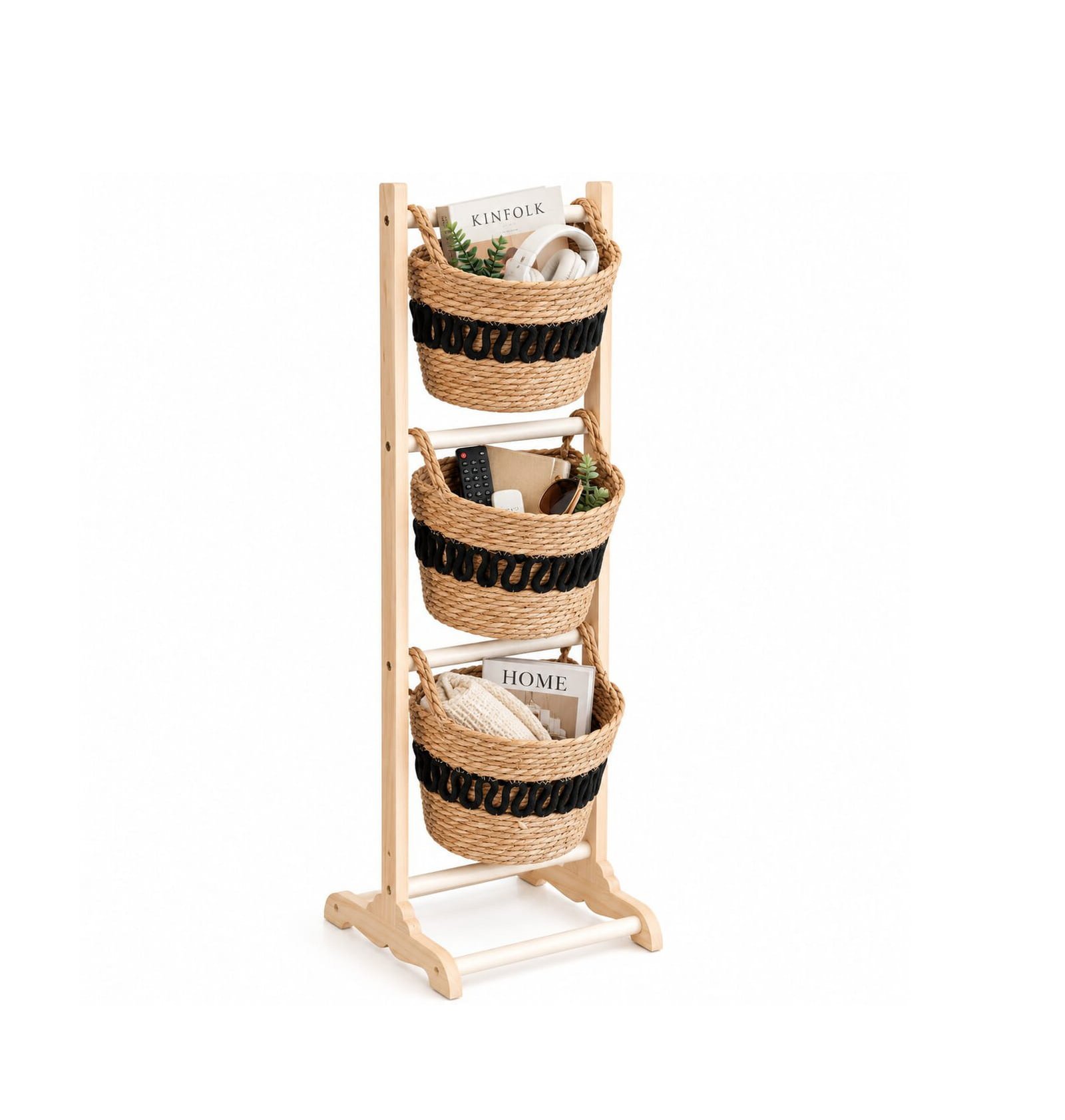 3-TIER WOODEN STAND WITH MACRAMÉ ROPE BASKETS