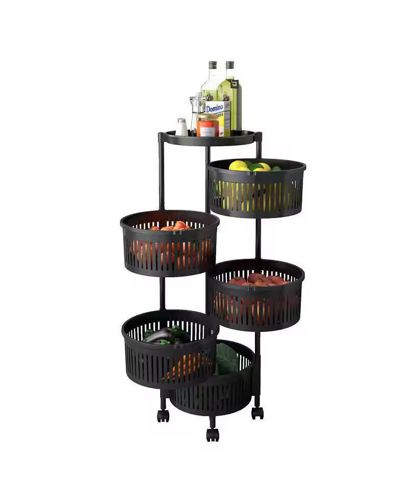 5-TIER ROTATING STORAGE ORGANIZER SHELF WITH LOCKING WHEELS – SPACE SAVING KITCHEN CART FOR FRUITS & VEGETABLES