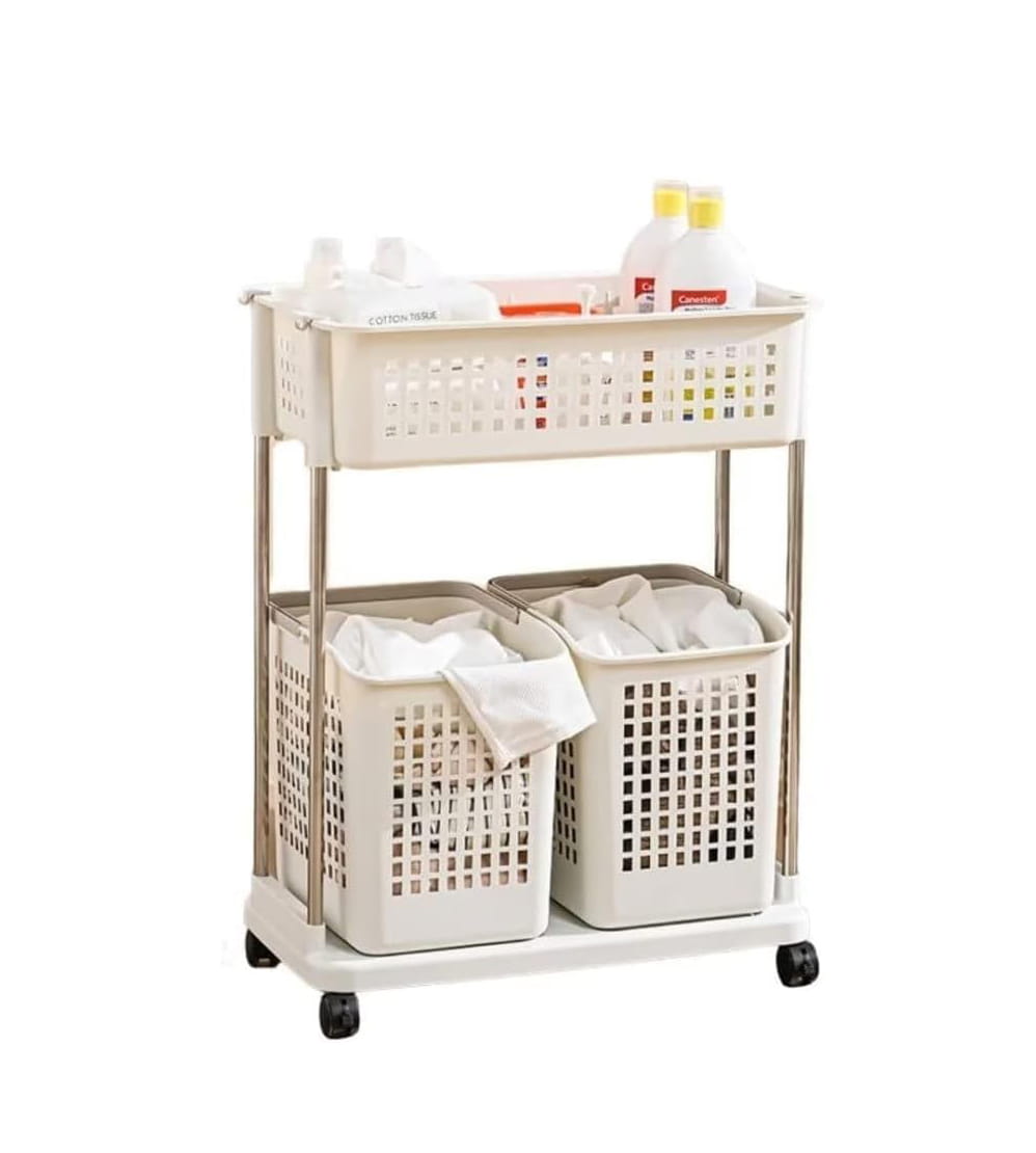 LAUNDRY BASKET SLIM 2 TIER  WITH REMOVABLE STORAGE BINS AND WHEELS