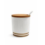 CERAMIC SUGAR BOWL WITH BAMBOO LID & SPOON – GOLD RING DESIGN