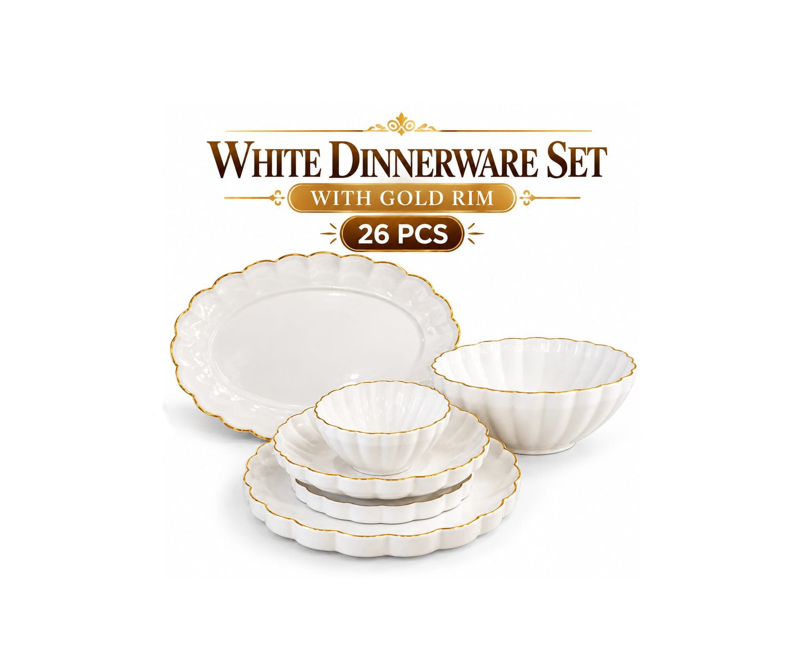 WHITE PORCELAIN SCALLOPED DINNERWARE SET 26 PCS