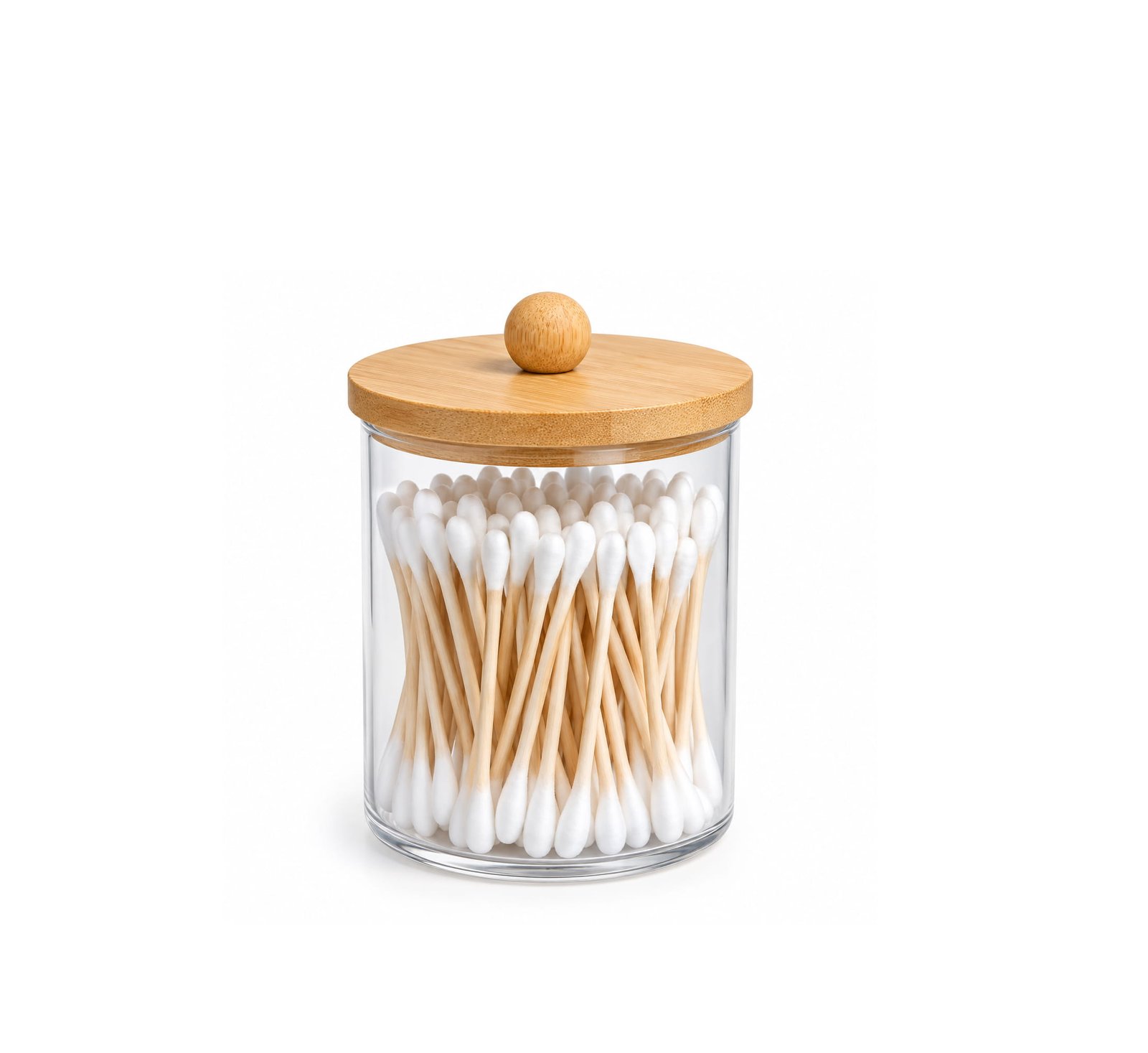 CLEAR PLASTIC COTTON SWAB JAR WITH BAMBOO LID