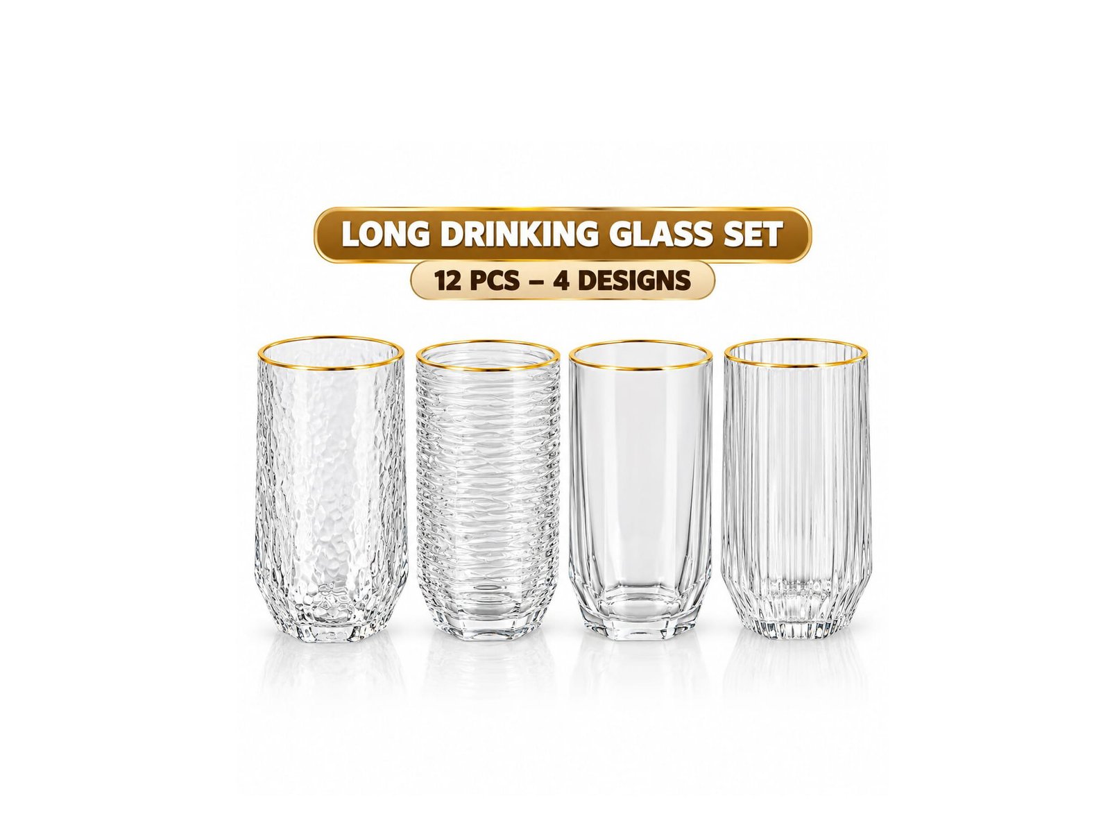 LONG DRINKING GLASS SET 12 PCS – 4 DESIGNS