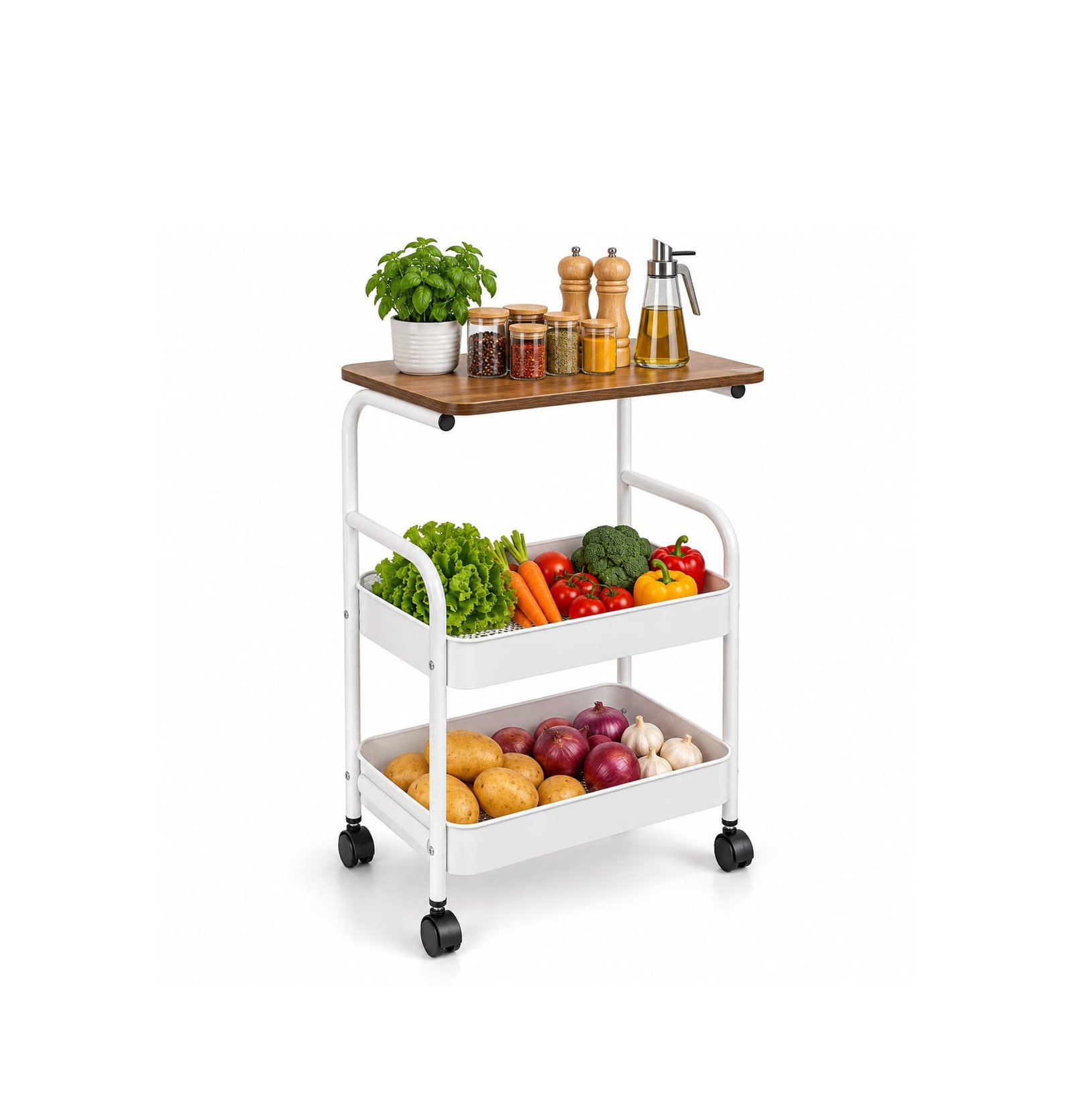 3-TIER ROLLING UTILITY CART WITH WOODEN TABLETOP