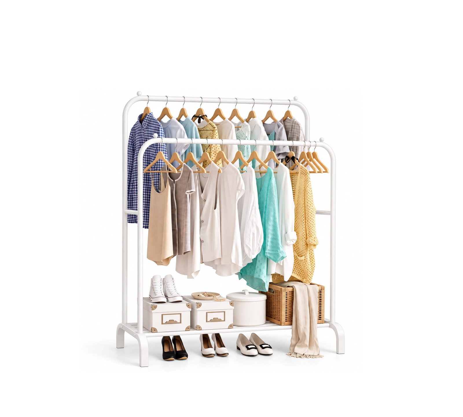 DOUBLE-ROD FREESTANDINIG CLOTHES RACK WHITE