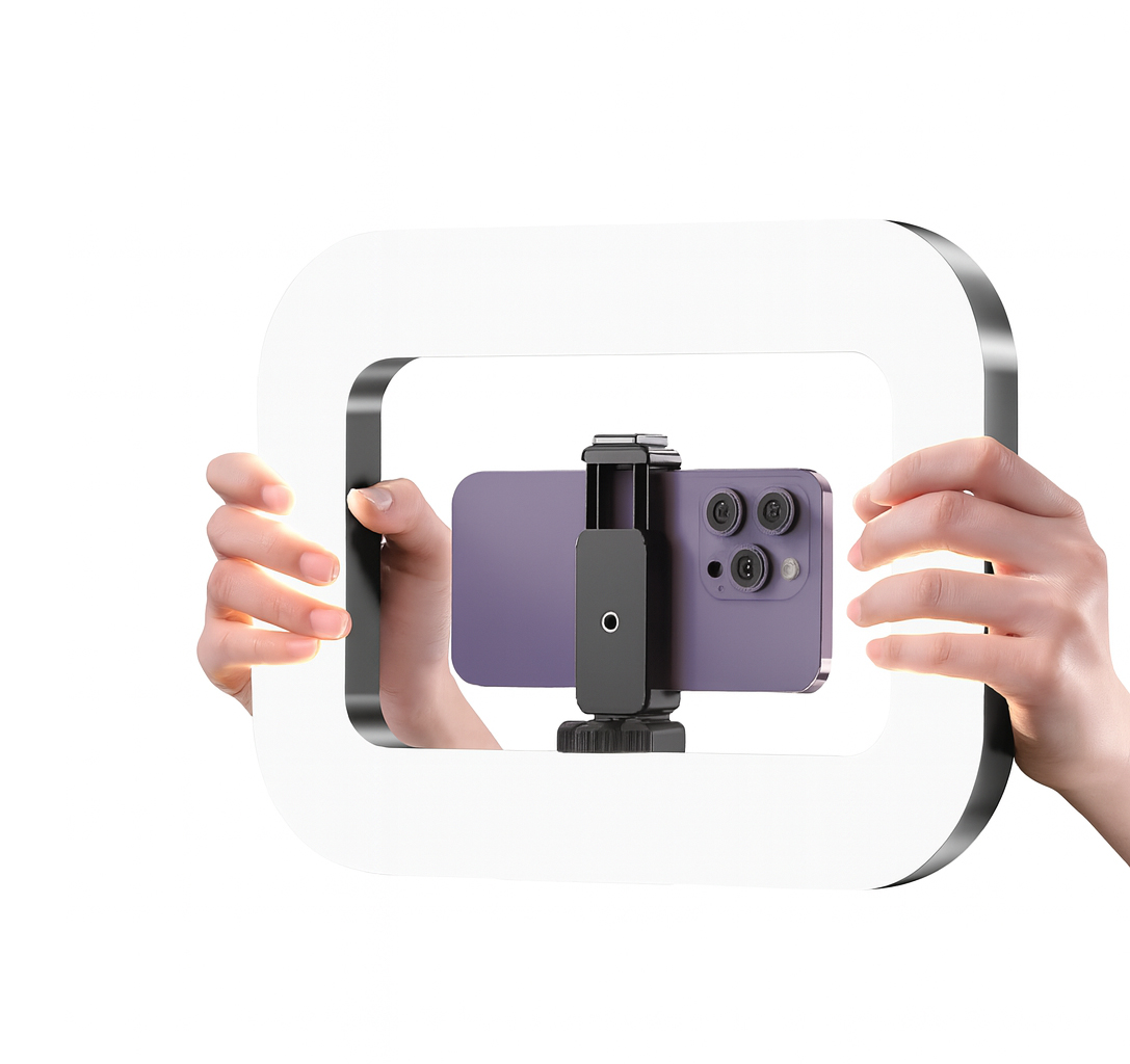 Portable rechargeable square ring light for phone with adjustable LED lighting, handheld design, and tripod compatibility.
