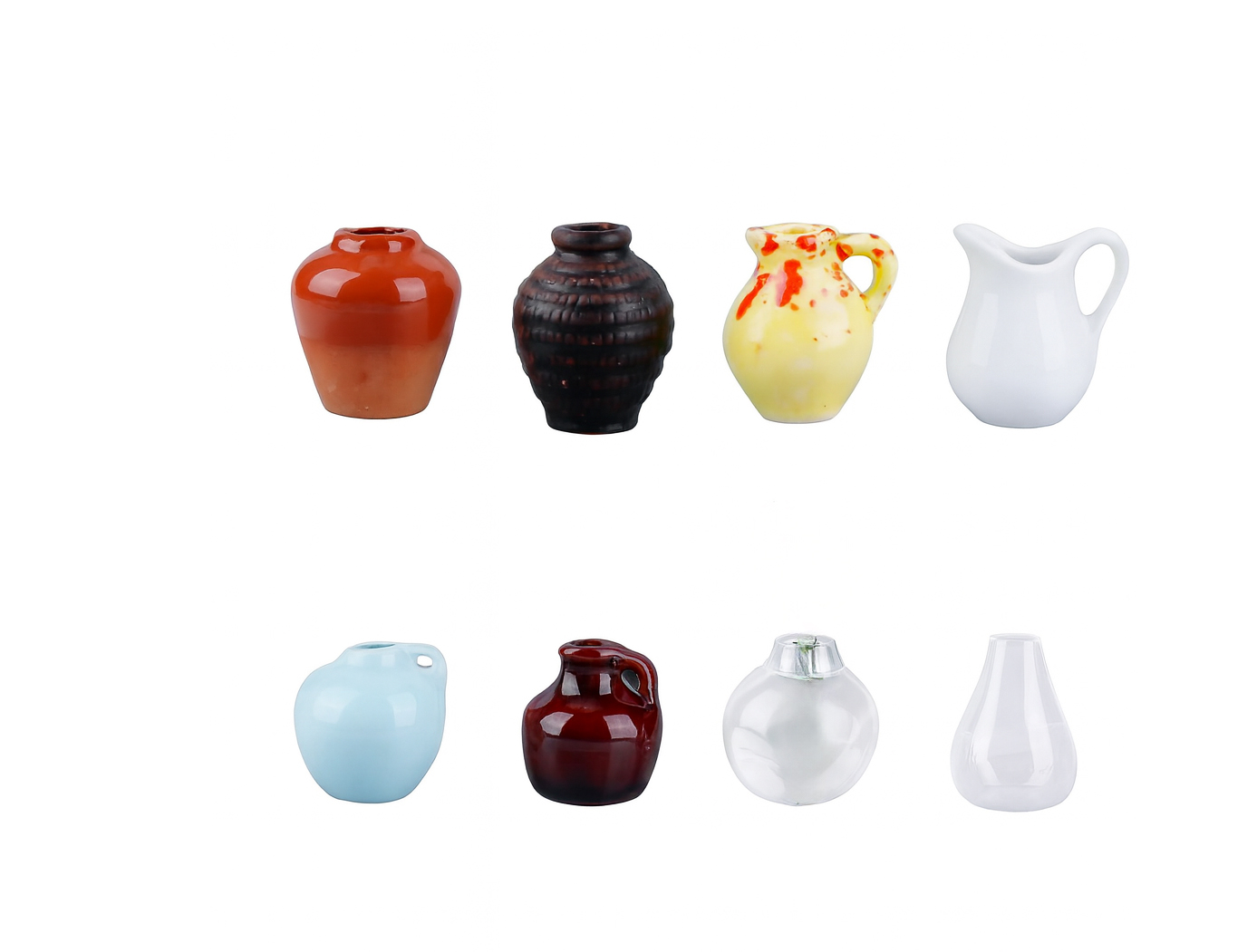 Set of 8 small ceramic mini vase magnets in assorted colors and shapes, designed to hold dried flowers on a fridge