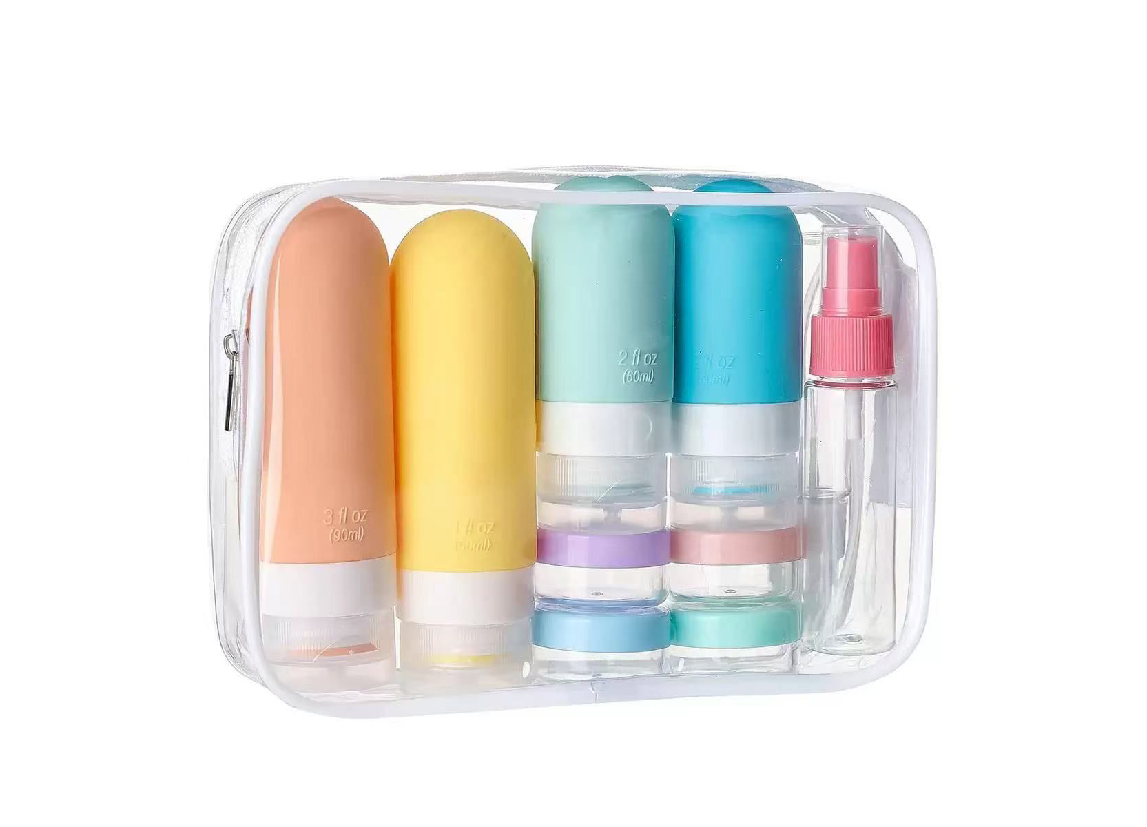 Complete 16-piece travel toiletry bottle set including silicone bottles, jars, spray bottles, tools, labels, and a clear travel bag