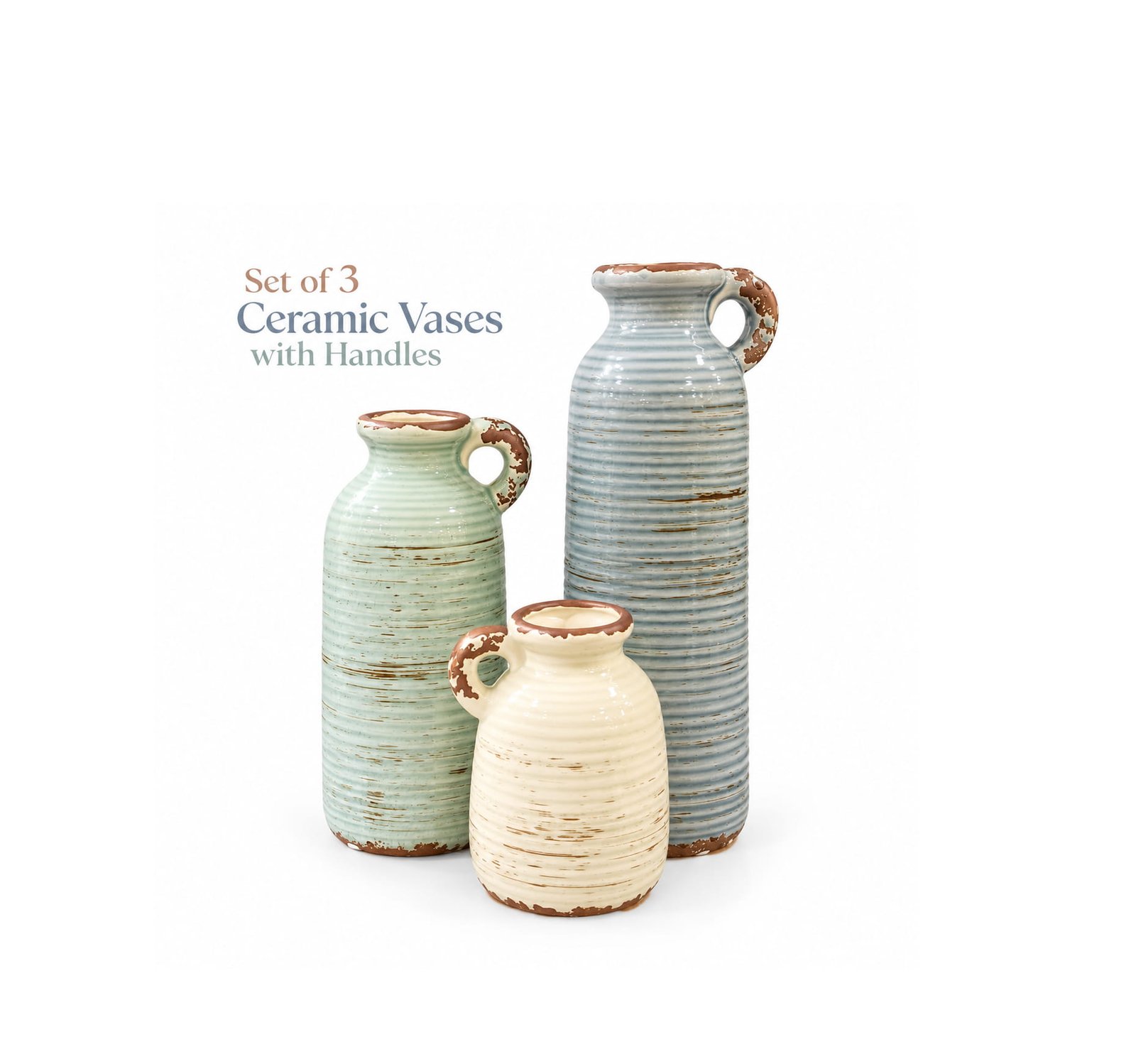 SET OF 3 DECORATIVE CERAMIC VASES WITH HANDLES