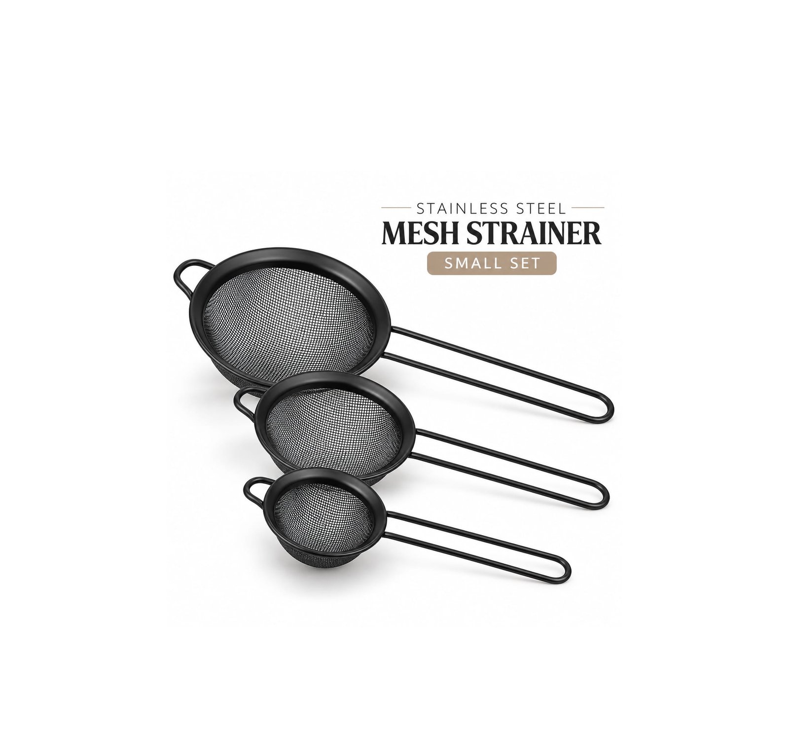 SMALL SET 3-PIECE BLACK STAINLESS STEEL MESH STRAINER
