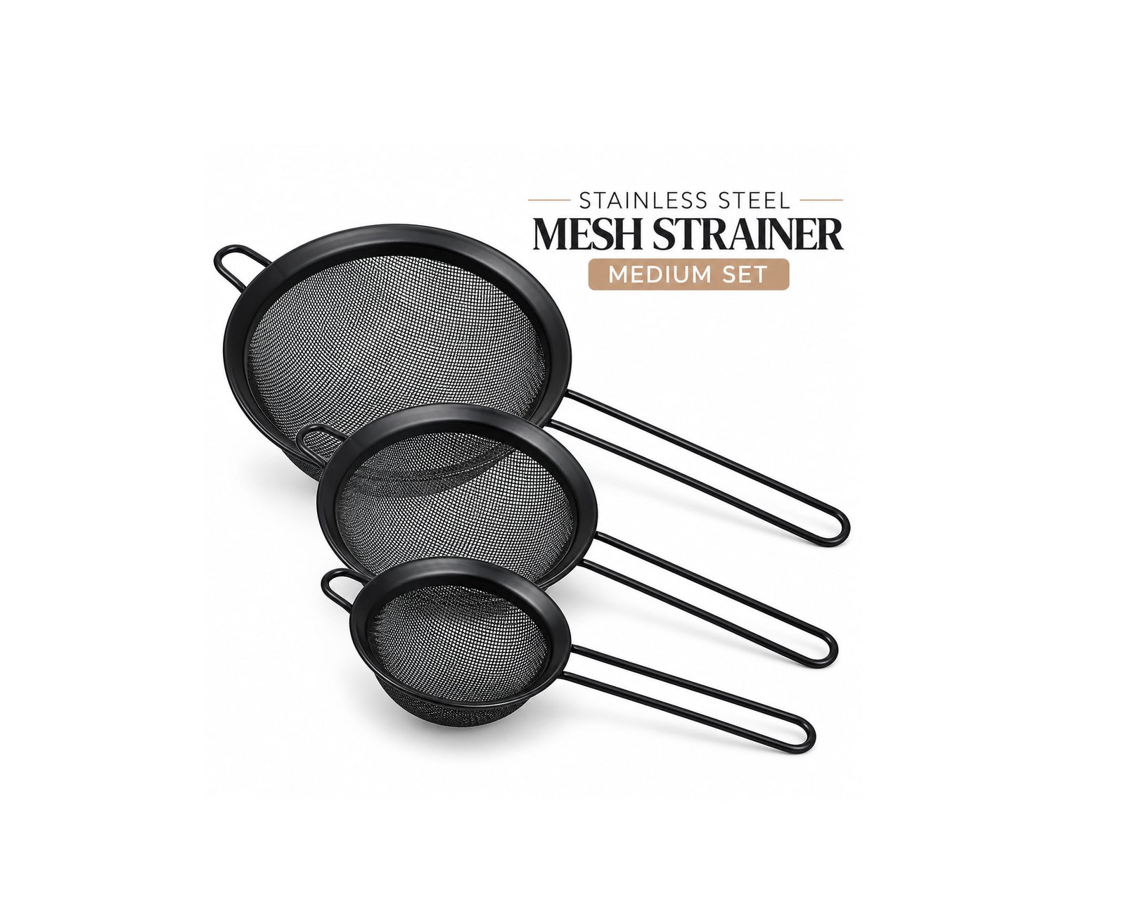 MEDIUM SET 3-PIECE BLACK STAINLESS STEEL MESH STRAINER