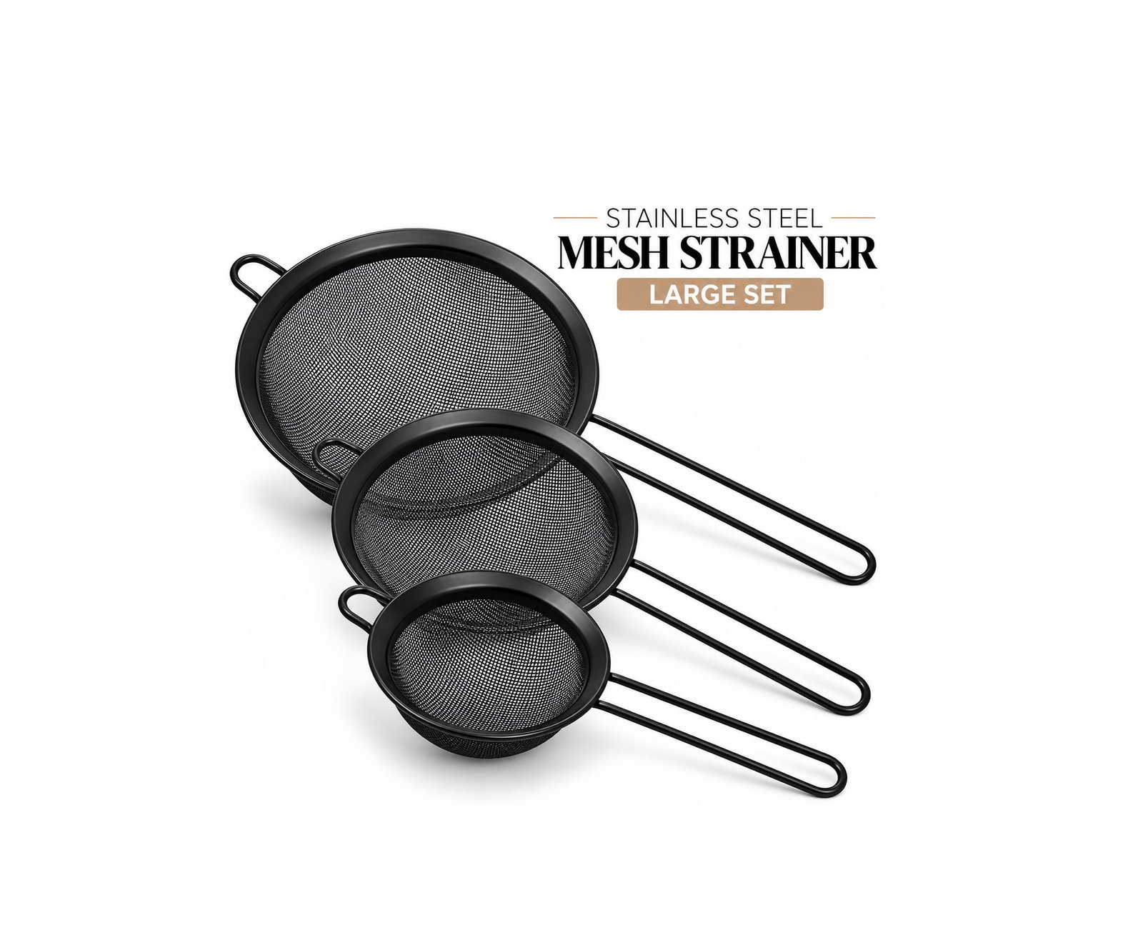 LARGE SET 3-PIECE BLACK STAINLESS STEEL MESH STRAINER