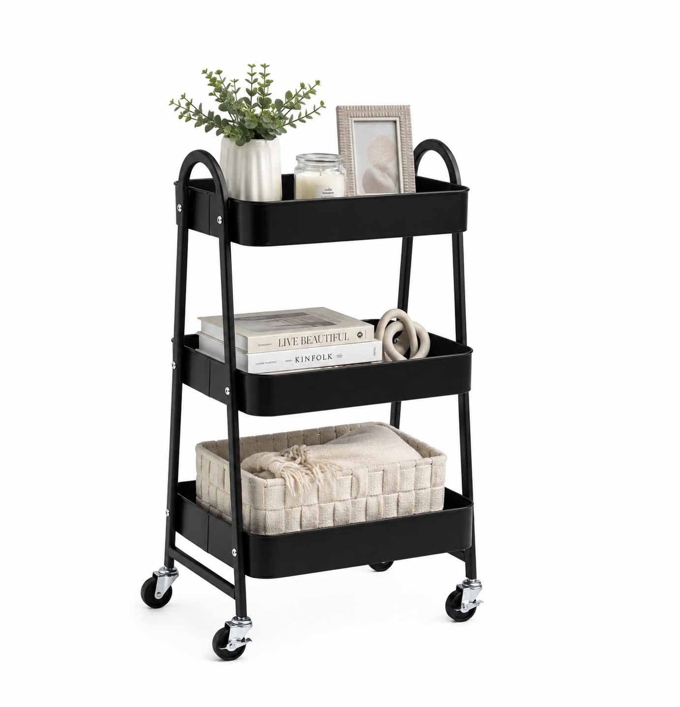 ROLLING STORAGE CART 3 TIER WITH 4 WHEELS - BLACK