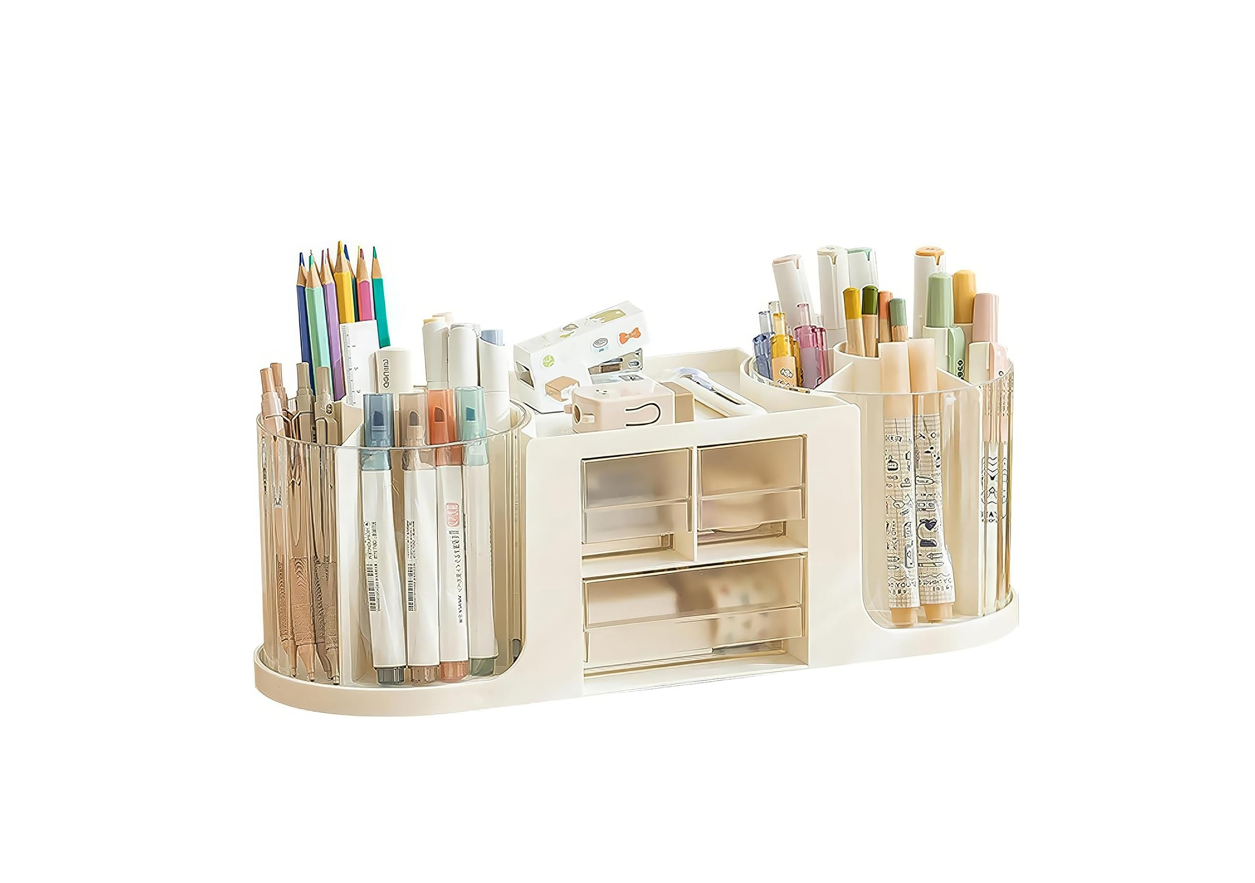 DOUBLE ROTATING DESK ORGANISER - PEN HOLDER STORAGE BOX WITH 14 COMPARTMENTS & TRANSPARENT DRAWERS (WHITE)