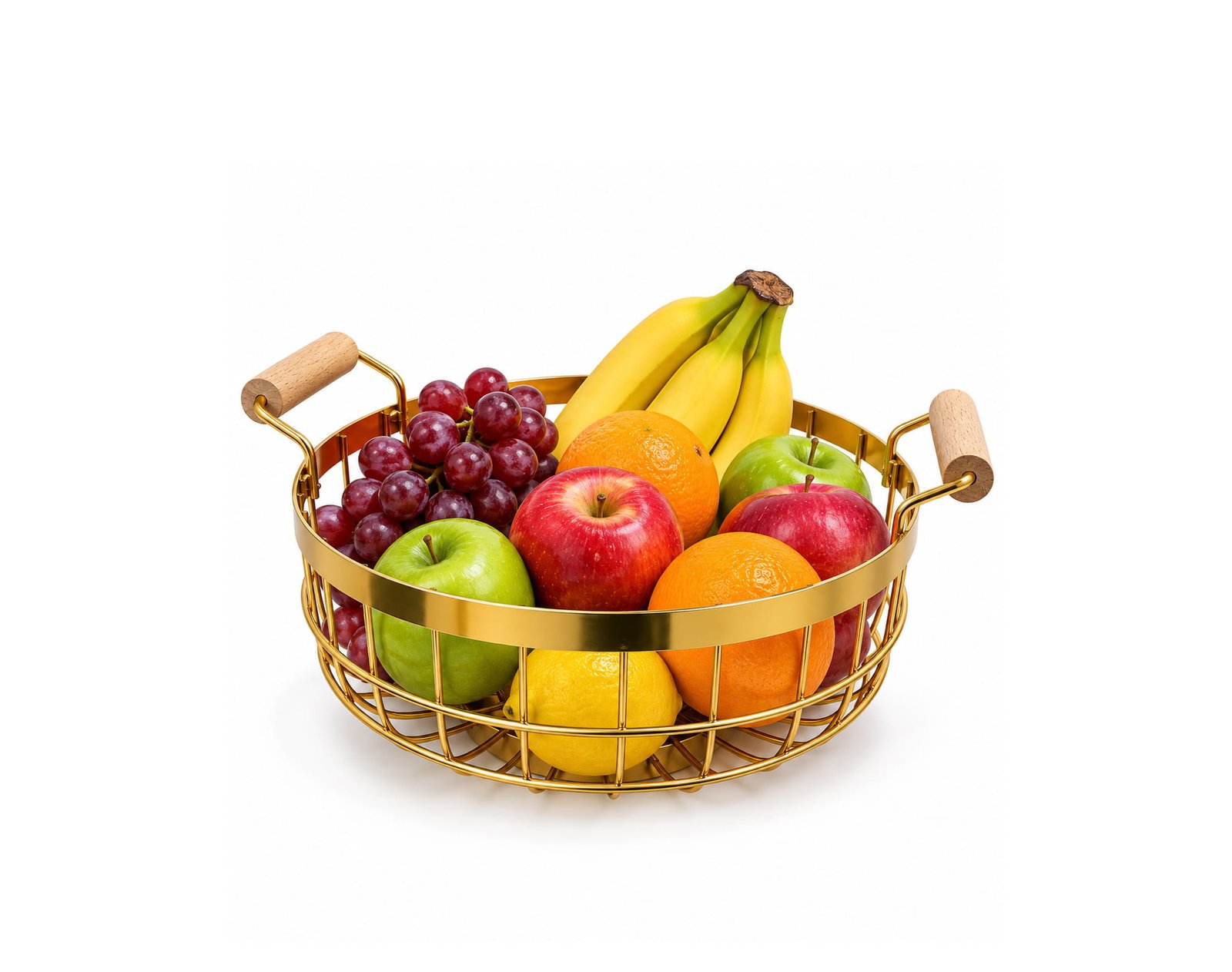 GOLD METAL WIRE FRUIT BASKET WITH WOOD HANDLES