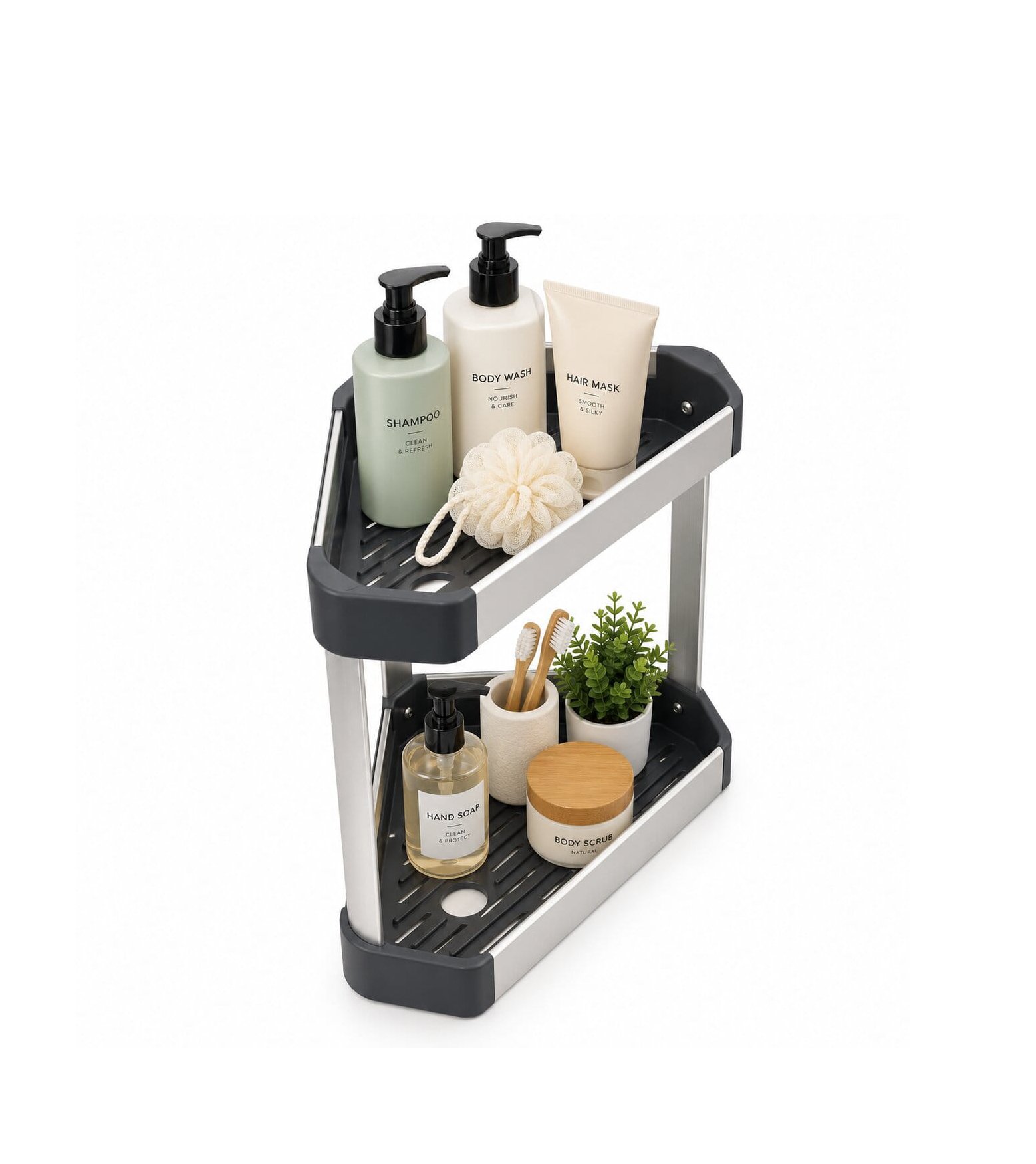 2-TIER WALL-MOUNTED ALUMINUM CORNER BATHROOM SHELF
