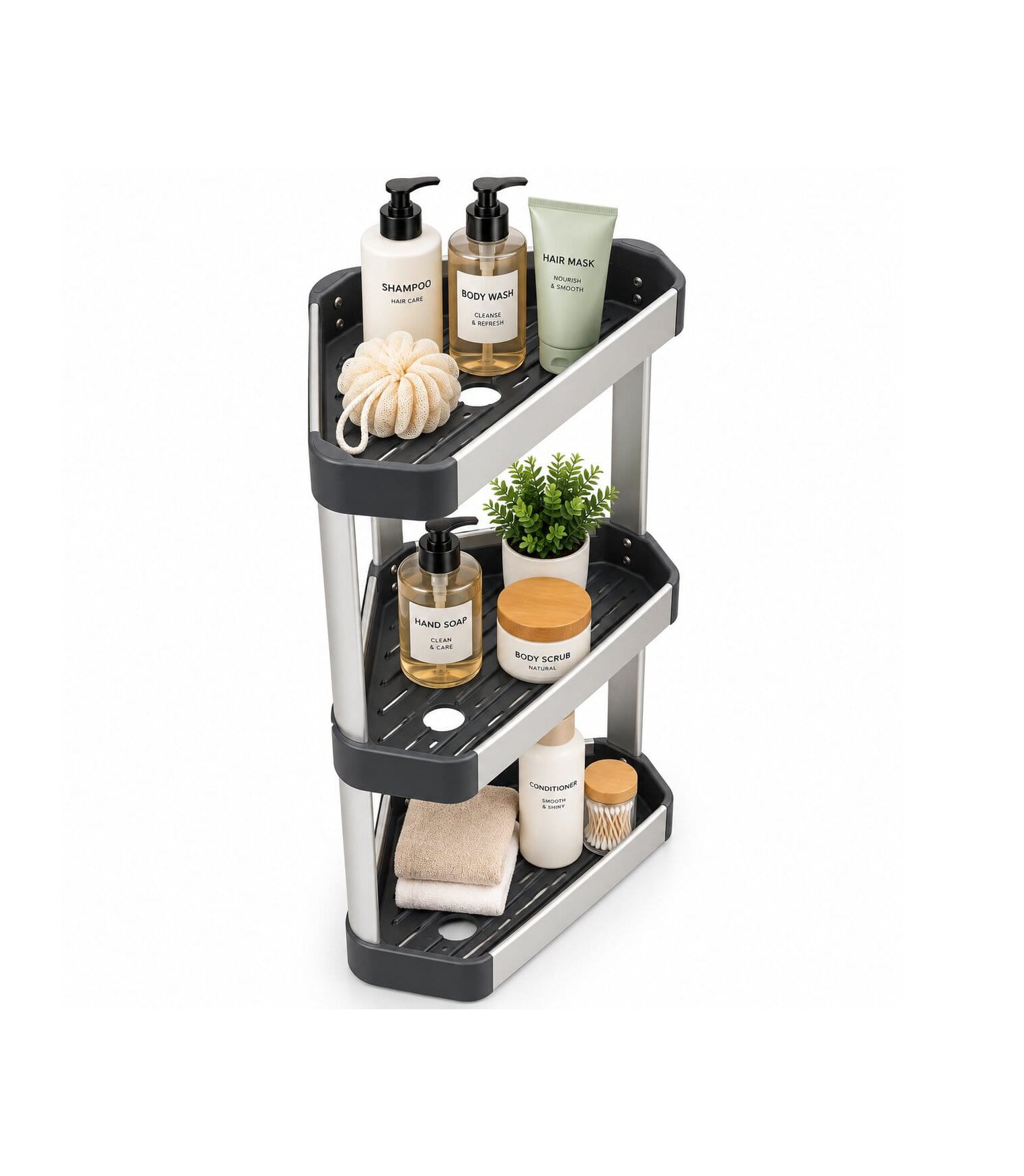 3-TIER WALL-MOUNTED ALUMINUM CORNER BATHROOM SHELF