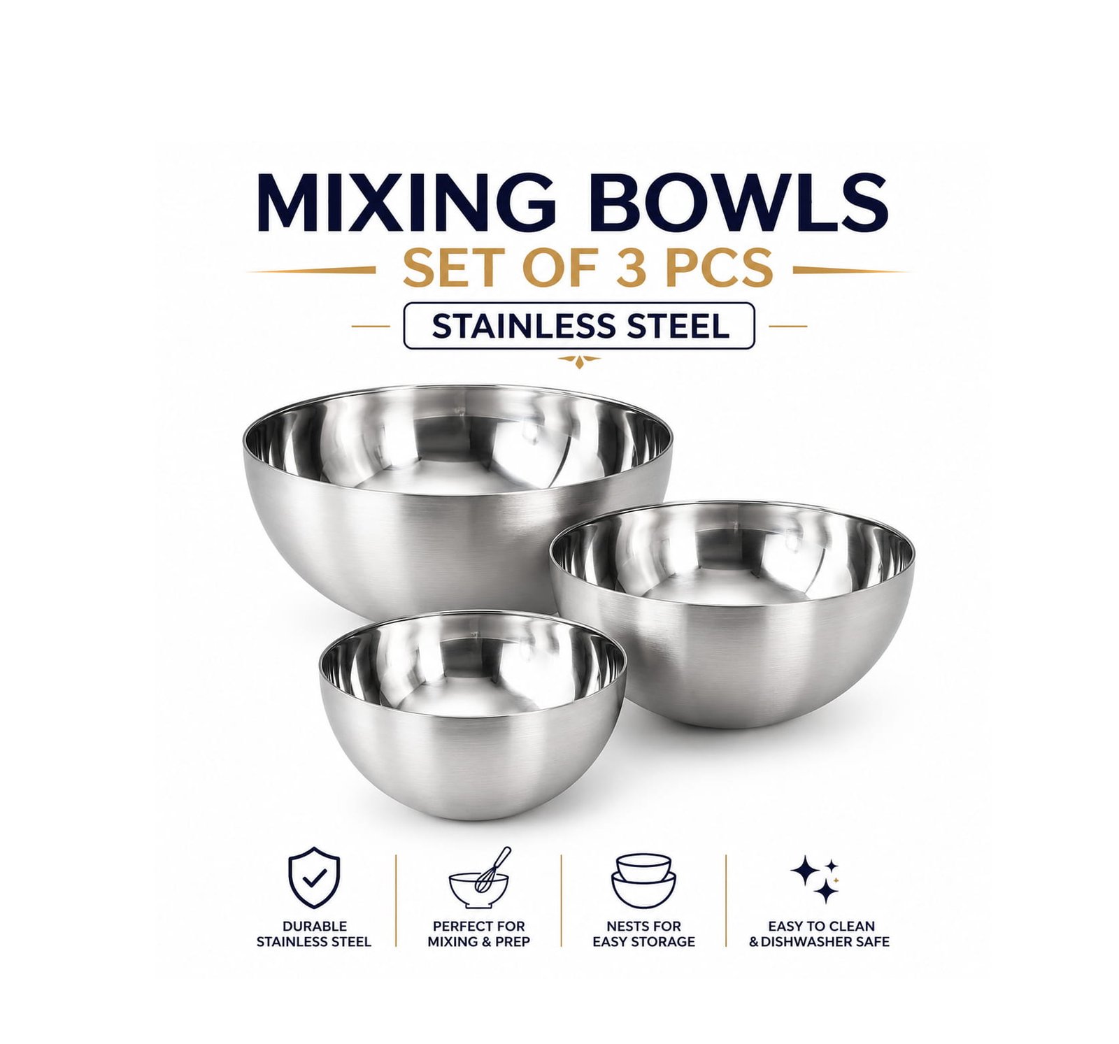 MIXING BOWLS SET OF 3 PCS - STAINLESS STEEL