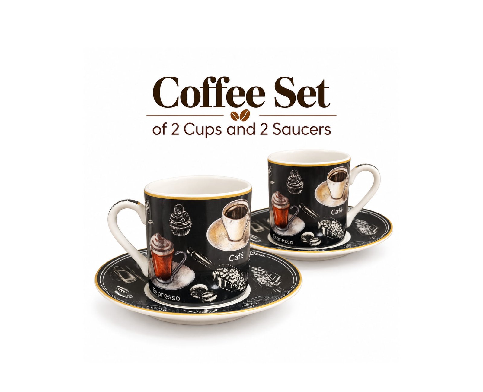 BLACK CERAMIC 2 COFFEE CUP & 2 SAUCER SET