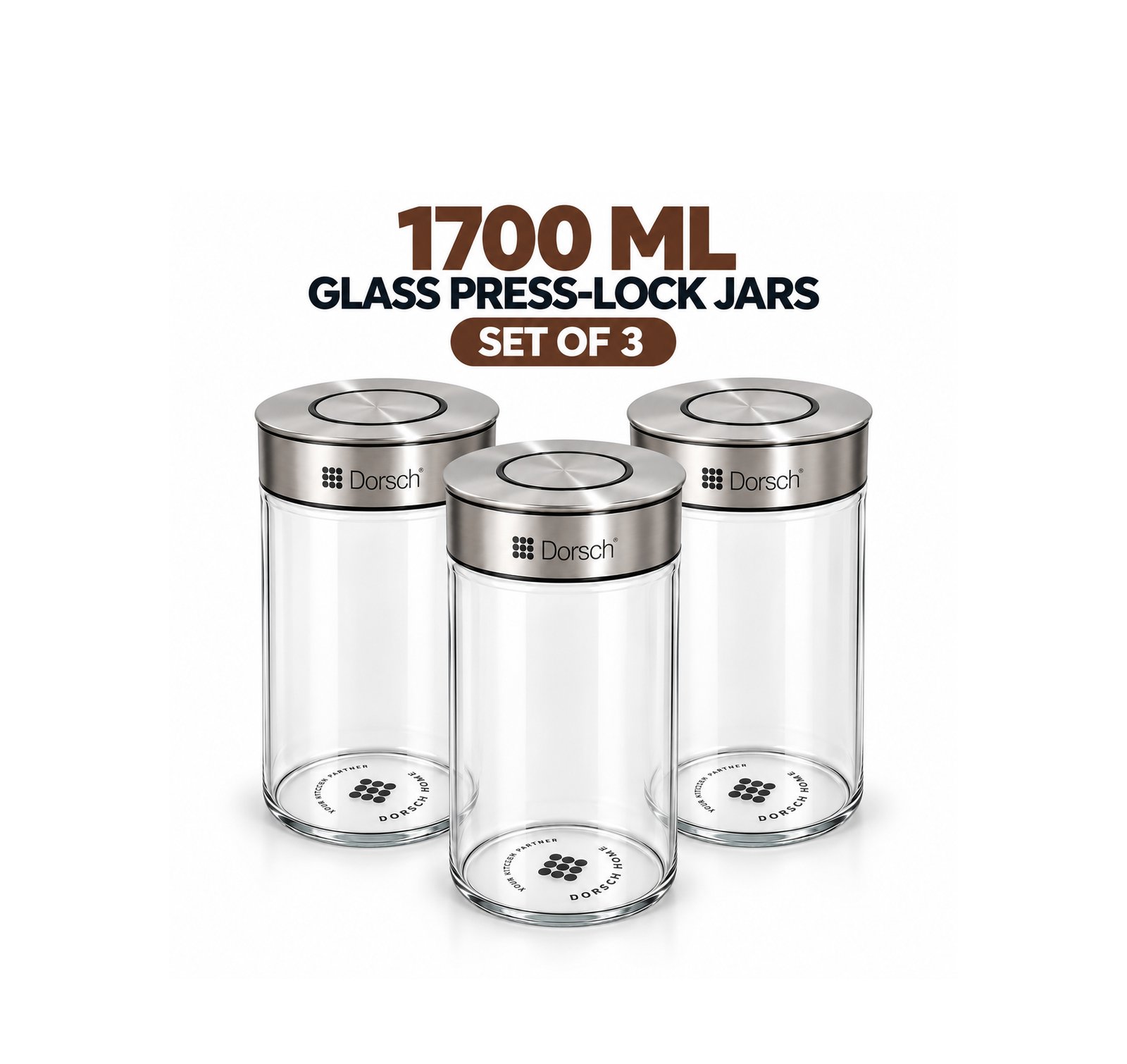 DORSCH BOROSILICATE GLASS 1700 ML PRESS-LOCK JARS SET OF 3