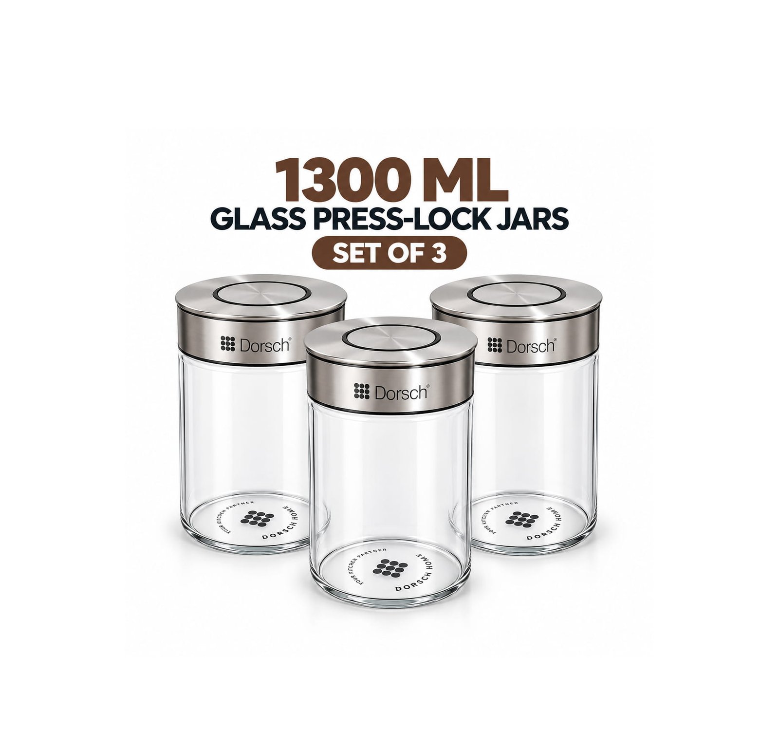 DORSCH BOROSILICATE GLASS 1300 ML PRESS-LOCK JARS SET OF 3