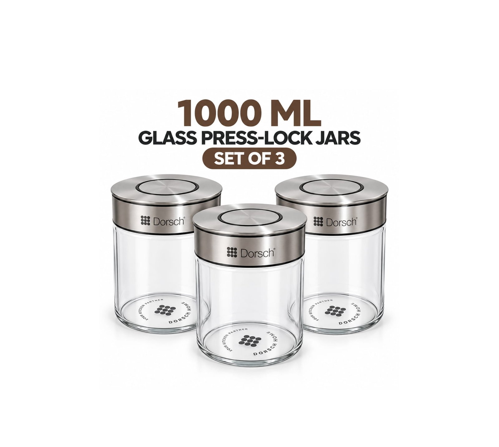 DORSCH BOROSILICATE GLASS 1000 ML PRESS-LOCK JARS SET OF 3