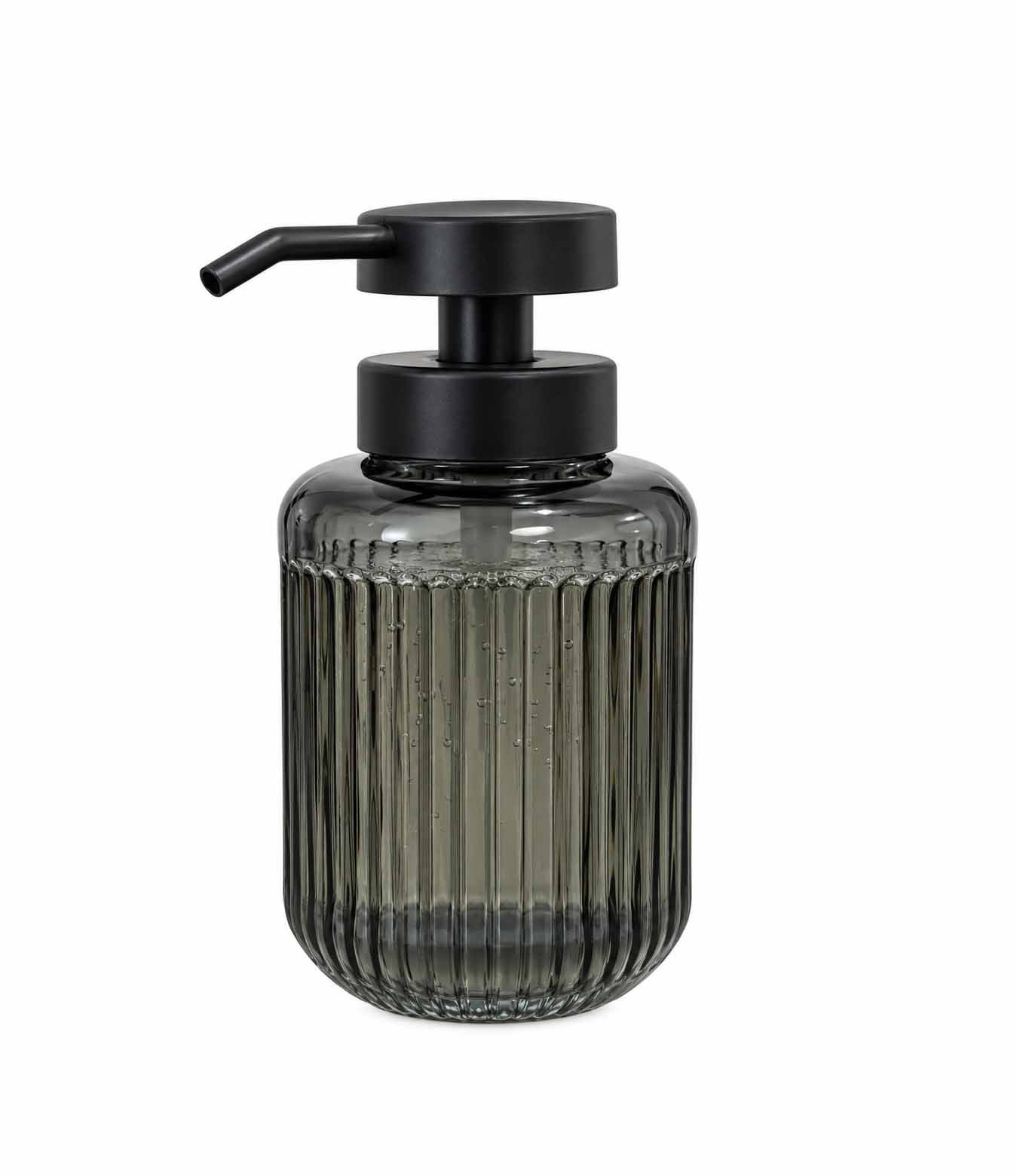 RIBBED GLASS SOAP DISPENSER WITH BLACK PUMP