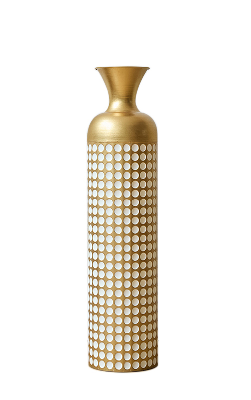 DECORATIVE LARGE METAL FLOOR VASE WHITE AND GOLD ART DECO CYLINDRICAL