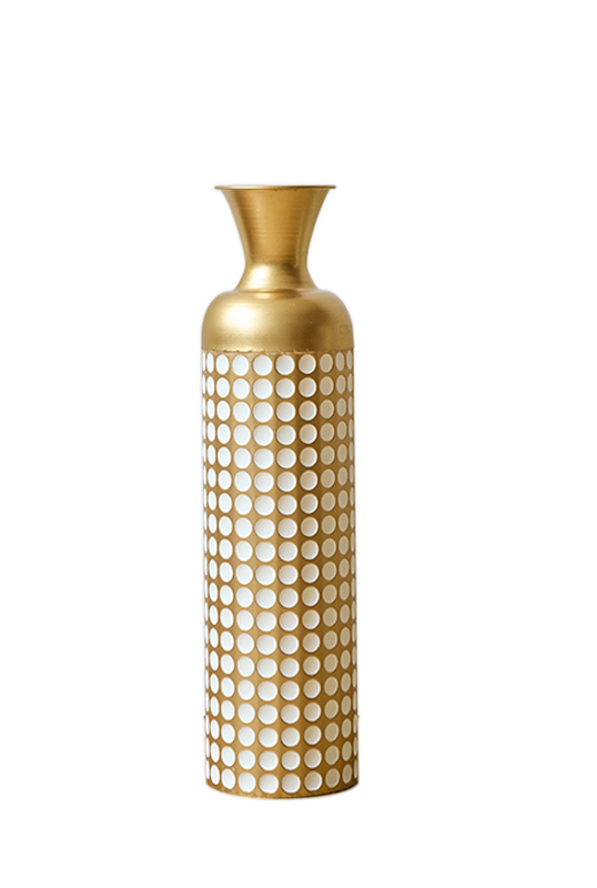 DECORATIVE MEDIUM METAL FLOOR VASE WHITE AND GOLD ART DECO CYLINDRICAL