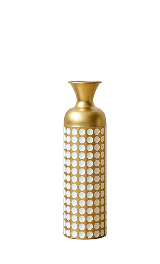 DECORATIVE SMALL METAL FLOOR VASE WHITE AND GOLD ART DECOR CYLINDRICAL