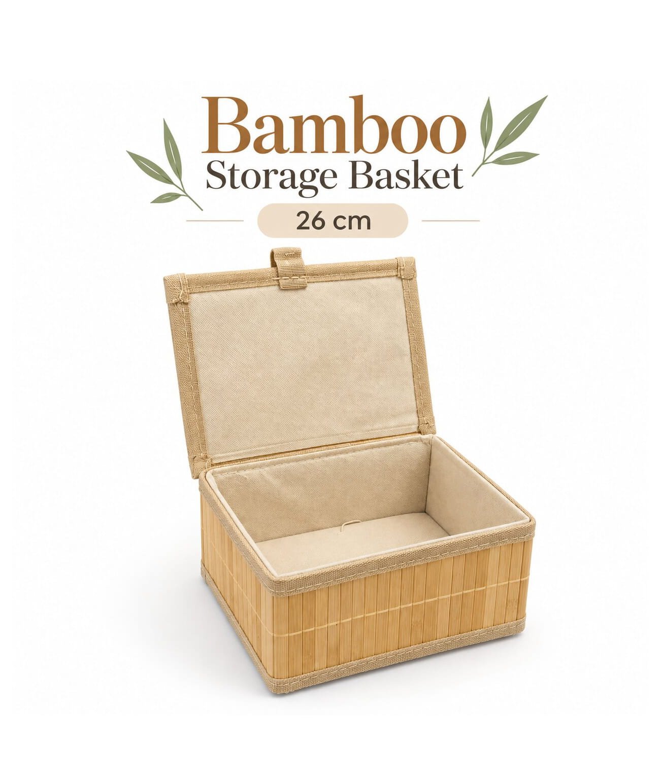 DECORATIVE BAMBOO STORAGE BASKET WITH LID 26 CM