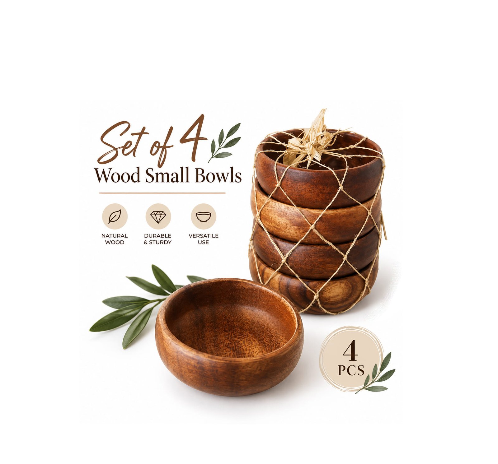 SET OF 4 SMALL WOOD BOWLS FOR DIPS & SNACKS