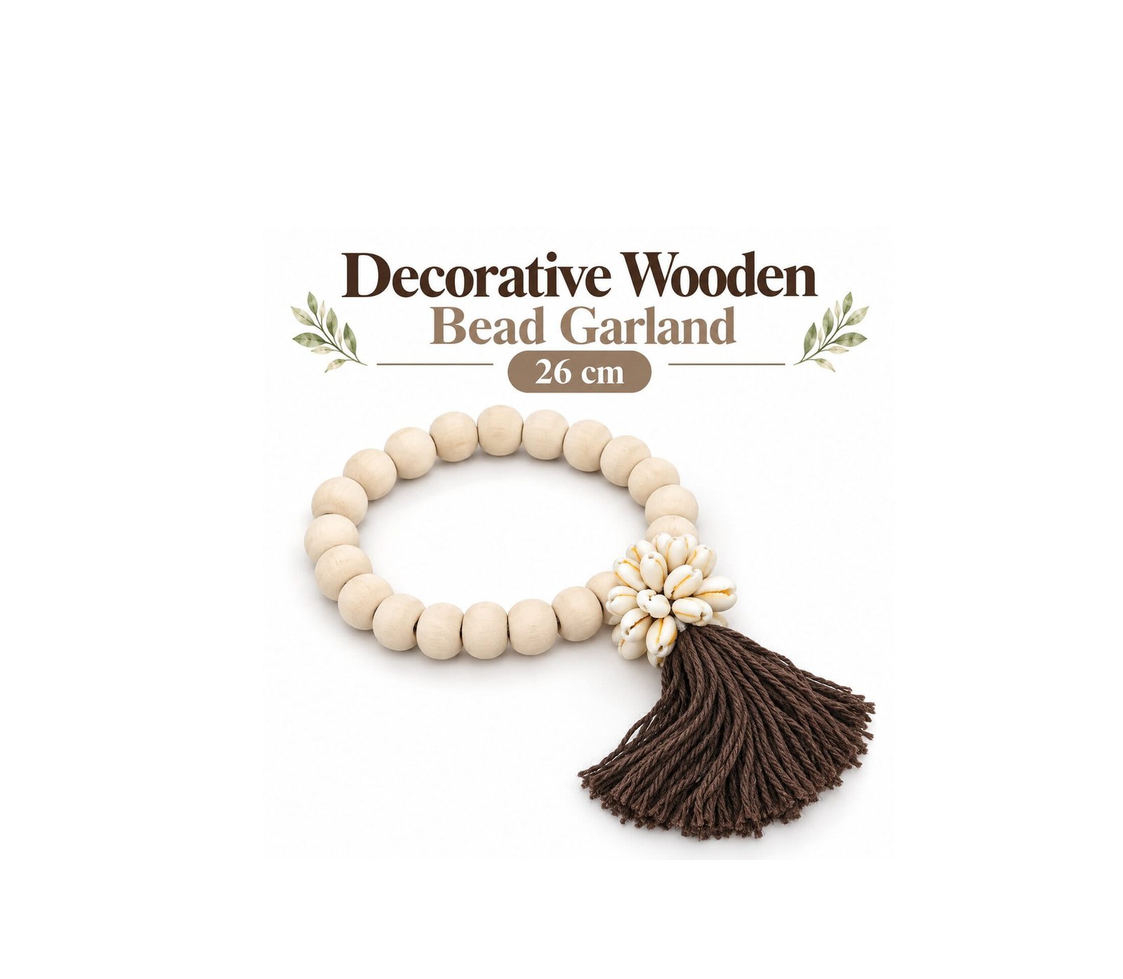 DECORATIVE WOODEN BEAD GARLAND WITH SHELLS 26 CM