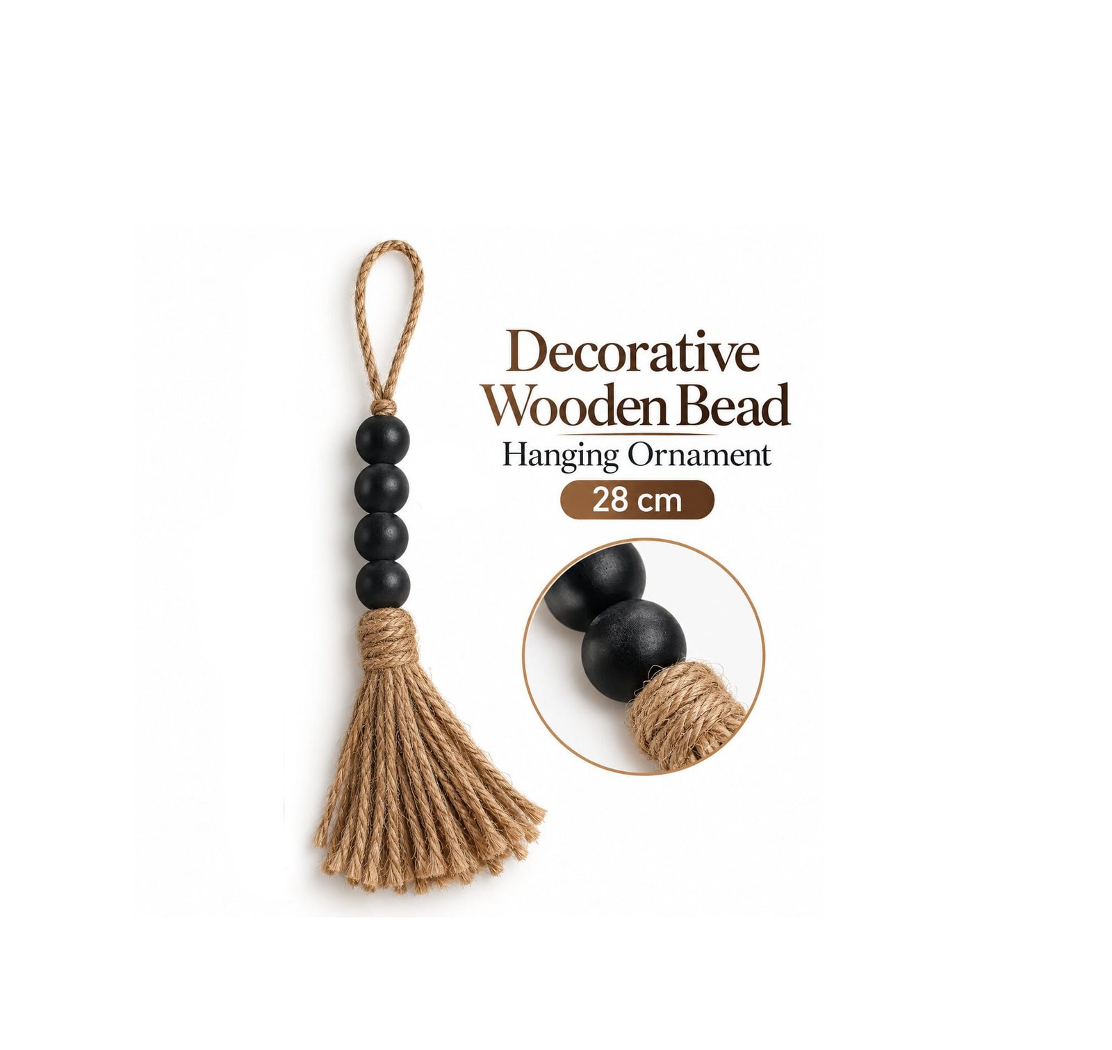WOODEN BEAD HANGING ORNAMENT WITH JUTE TASSEL