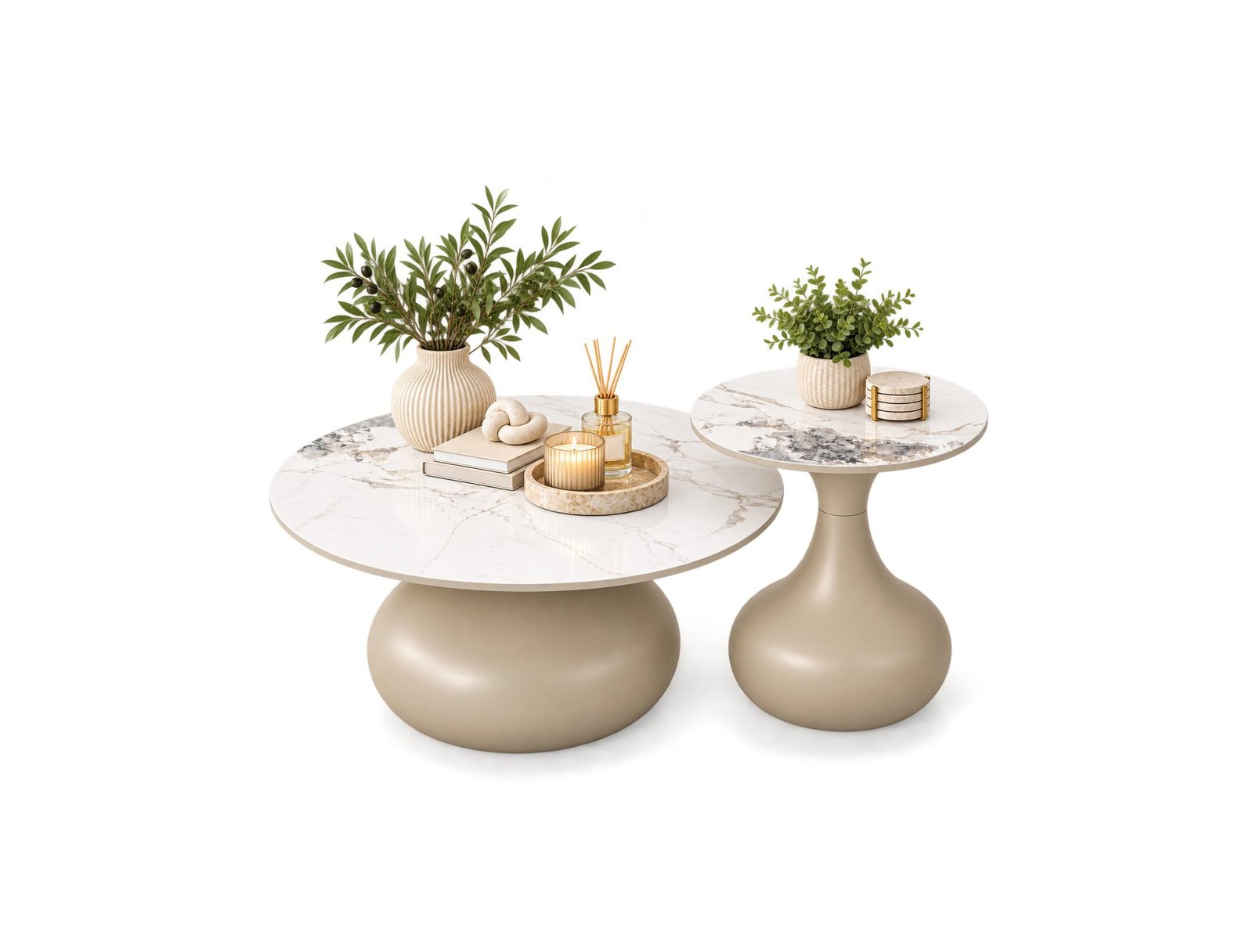 ROUND MARBLE TOP COFFEE TABLE SET GOLD 2 PCS