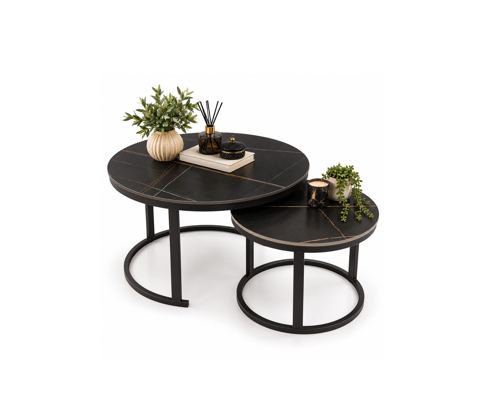 MODERN 2-PIECE BLACK MARBLE TOP COFFEE TABLE SET