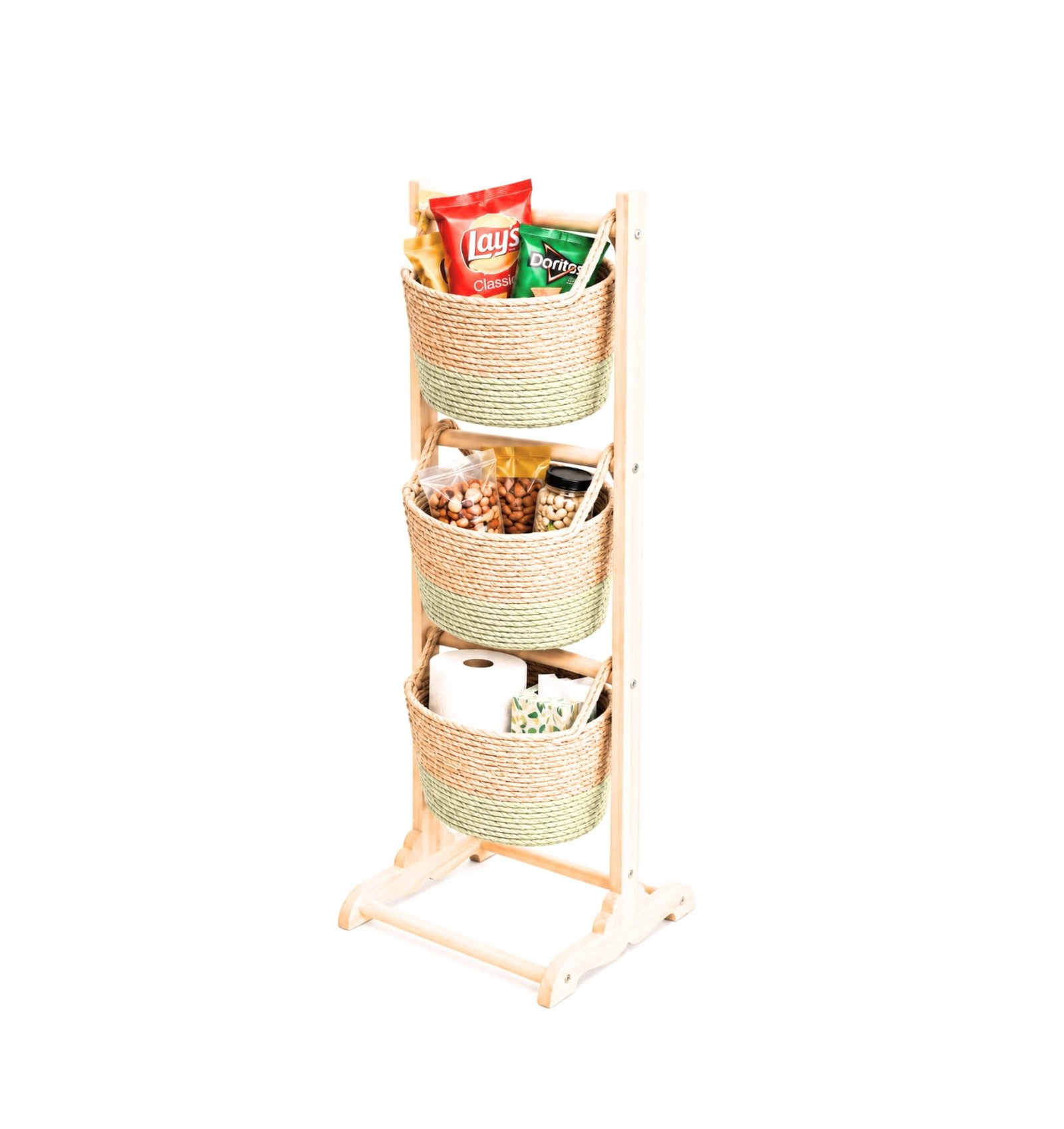 3-TIER WOODEN STAND WITH WOVEN HANGING BASKETS
