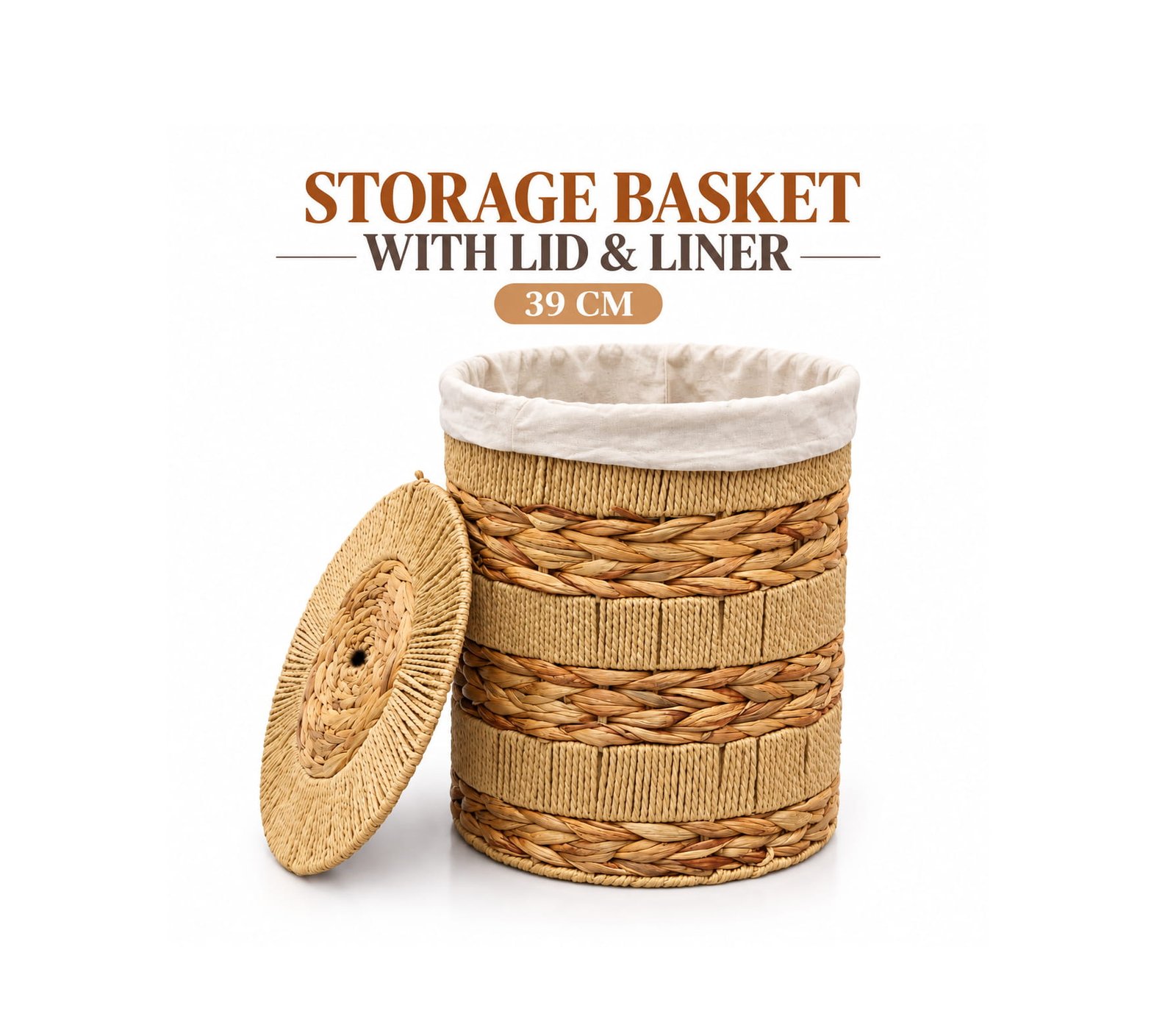 ROUND SEAGRASS STORAGE BASKET WITH LID & LINER 39 CM