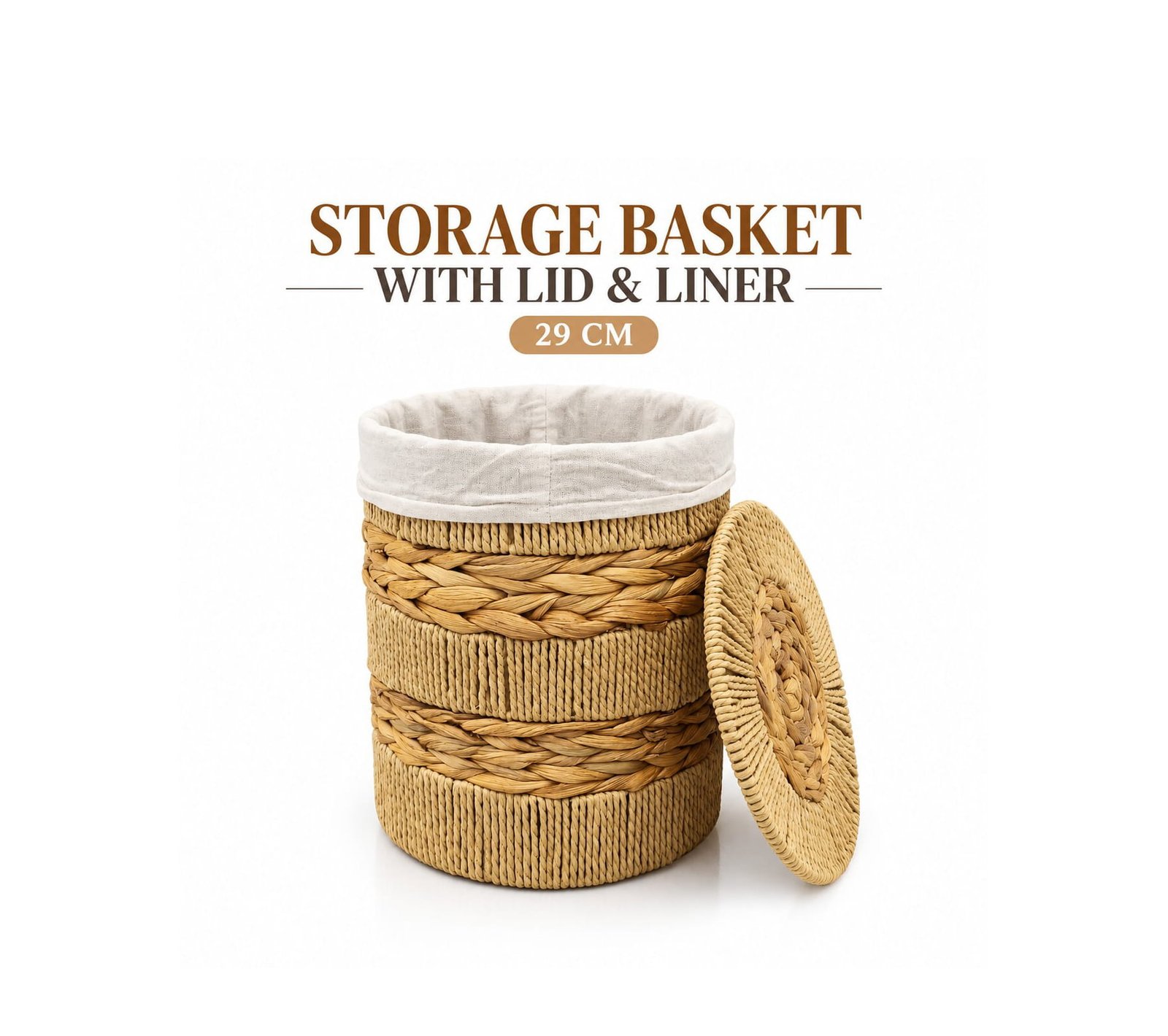 ROUND SEAGRASS STORAGE BASKET WITH LID & LINER 29 CM
