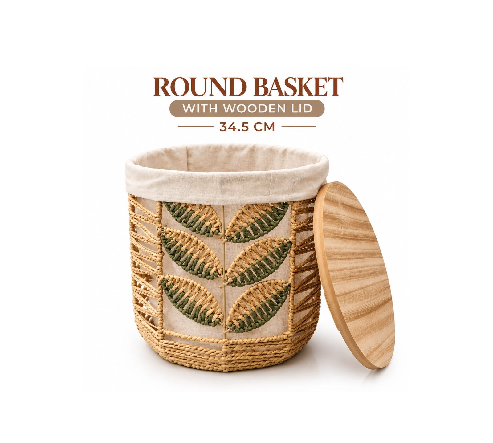 ROUND WOVEN STORAGE BASKET WITH WOODEN LID 34.5 CM
