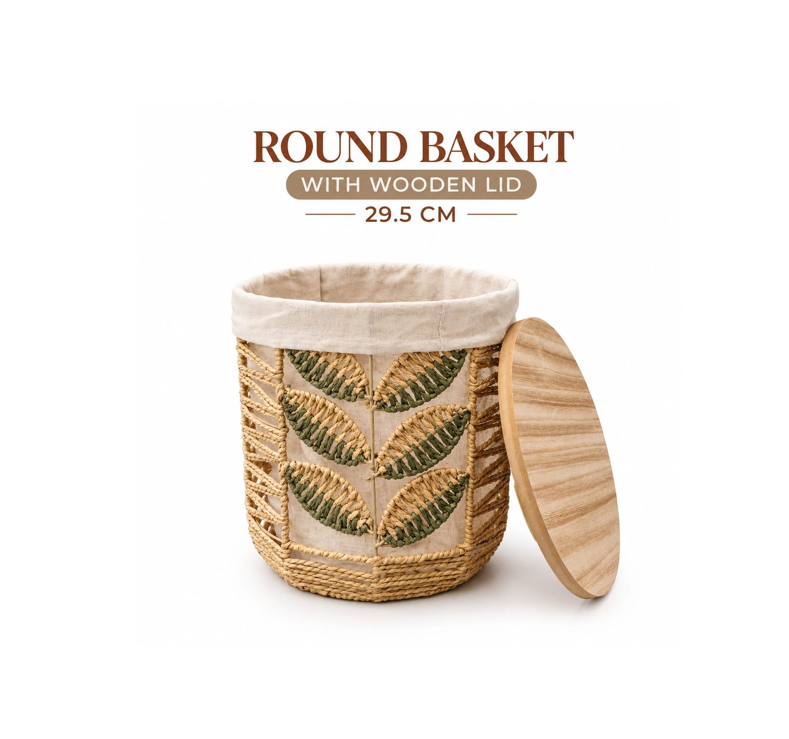 ROUND WOVEN STORAGE BASKET WITH WOODEN LID 29.5 CM