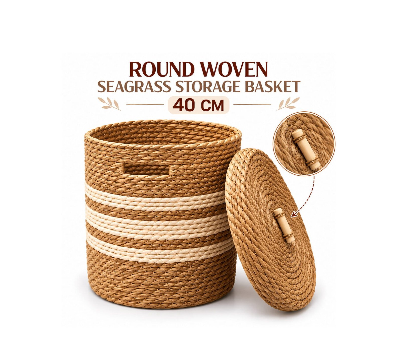 ROUND WOVEN SEAGRASS STORAGE BASKET 40CM - LID