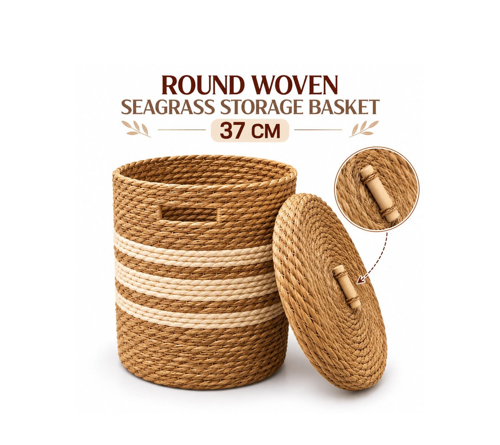 ROUND WOVEN SEAGRASS STORAGE BASKET 37CM - LID